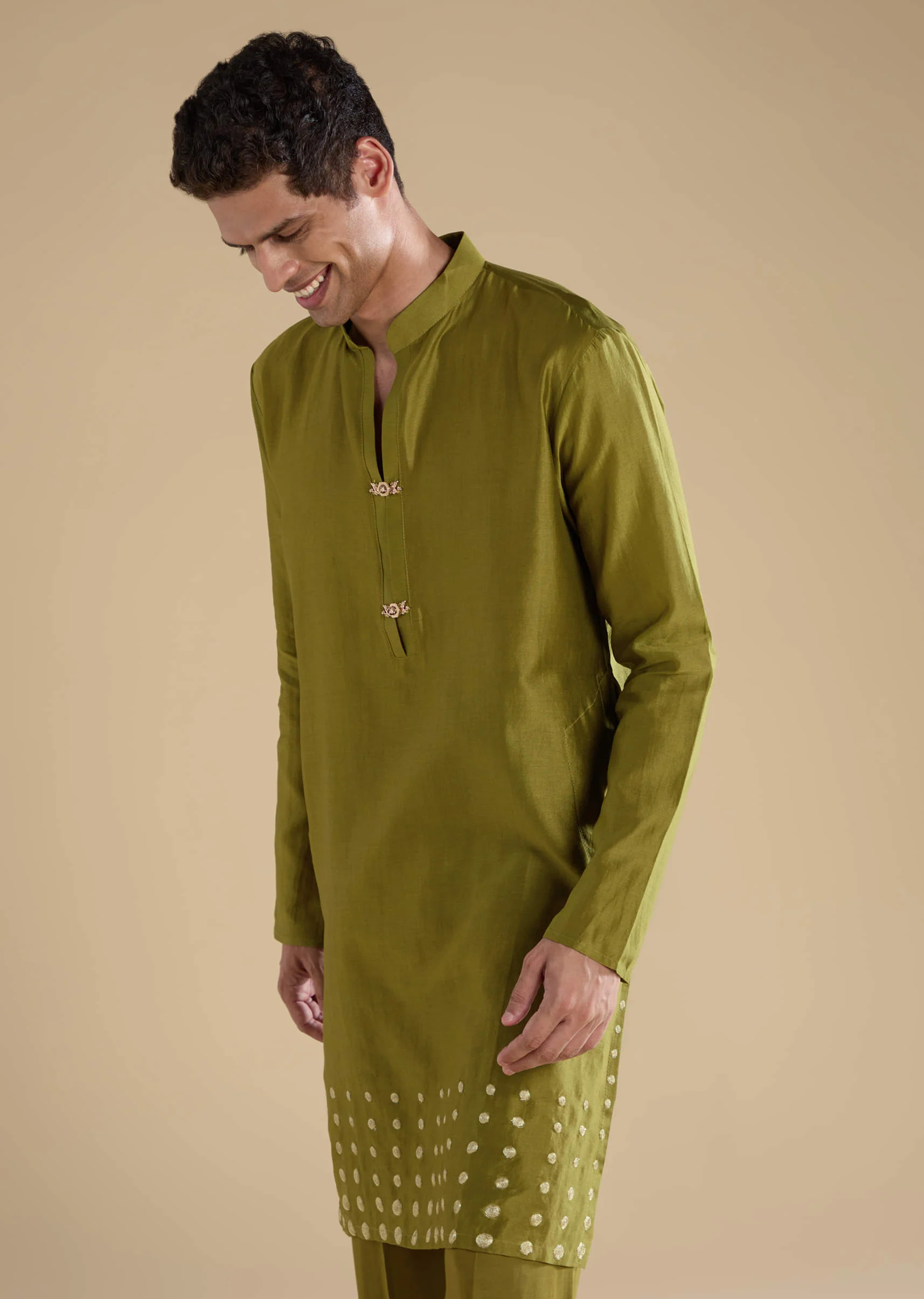 Green Foil Applique Chanderi Work Straight Mens Kurta Set - Image 4