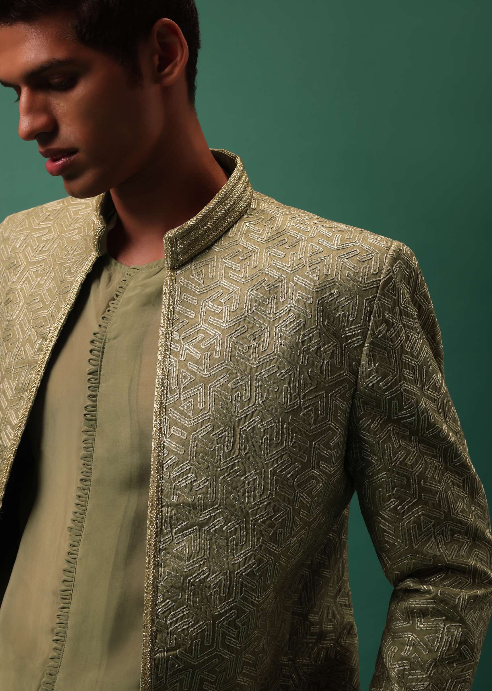 Green Foil Embroidered Jodhpuri Jacket Set With Detailed Organza Kurta - Image 2