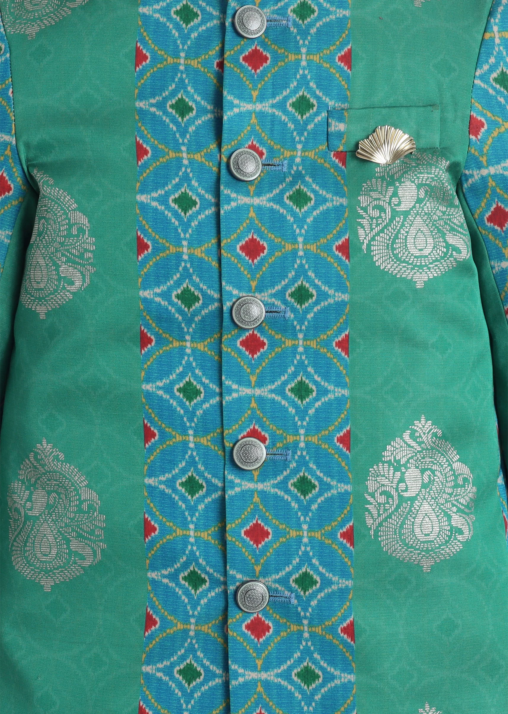 Green Foil Printed Kurta Set For Boys - Image 5