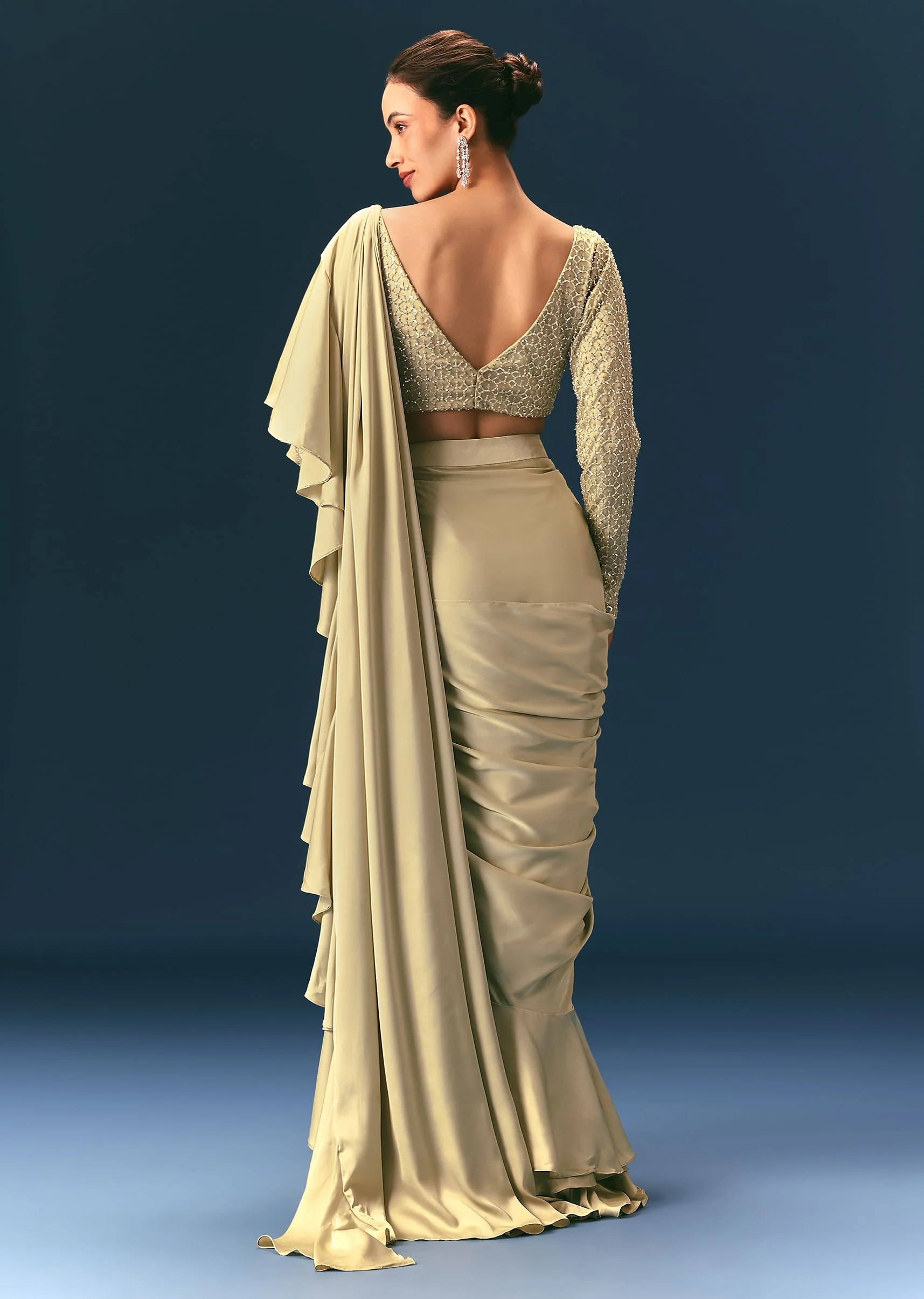 Green Frill Ready To Wear Saree With Embellished Blouse - Image 5