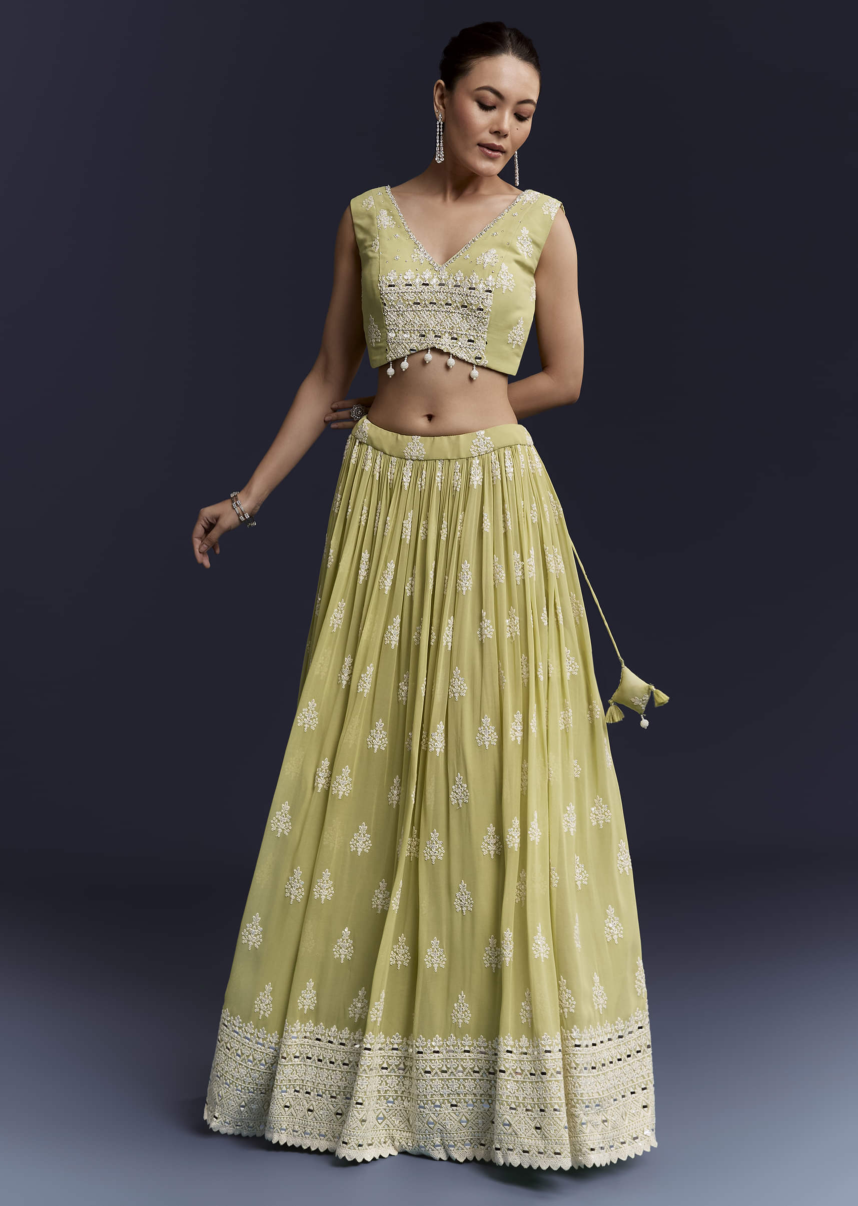Green Georgette Bridesmaid Lehenga With Sequins And Thread Work - Image 6
