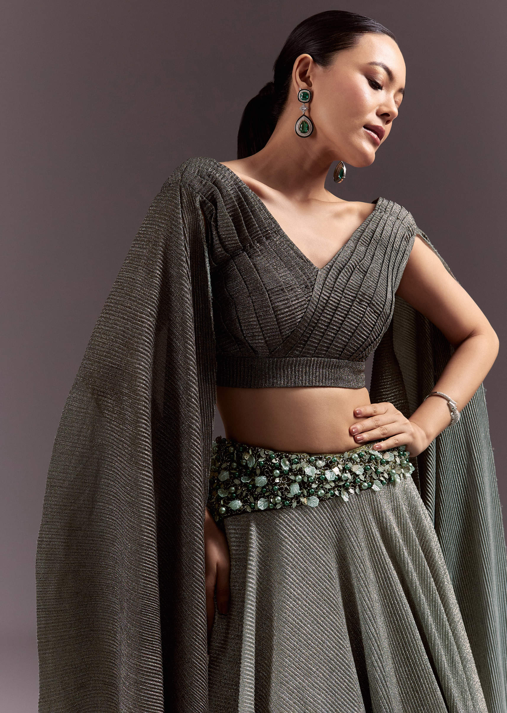 Green Georgette Lehenga Dupatta Set With Self Stone And Bead Work - Image 2