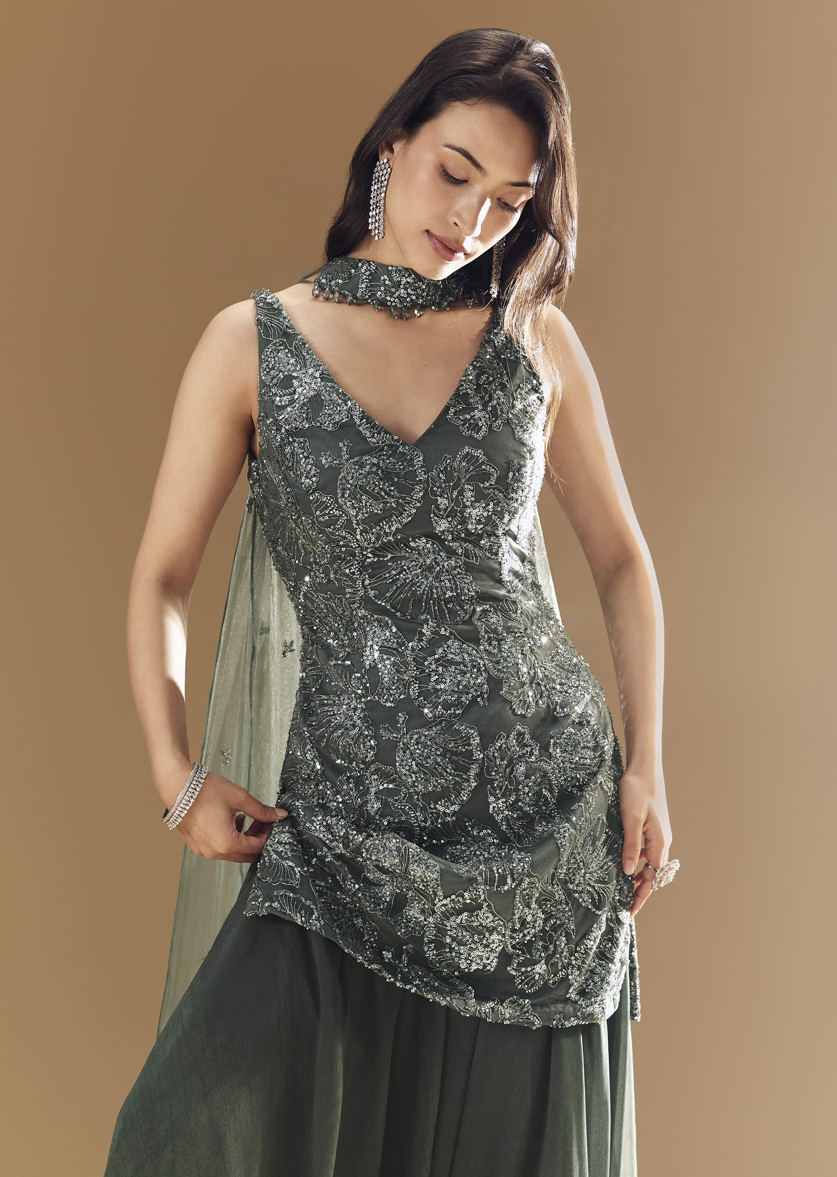 Green Georgette Palazzo Set with Choker Dupatta - Image 5