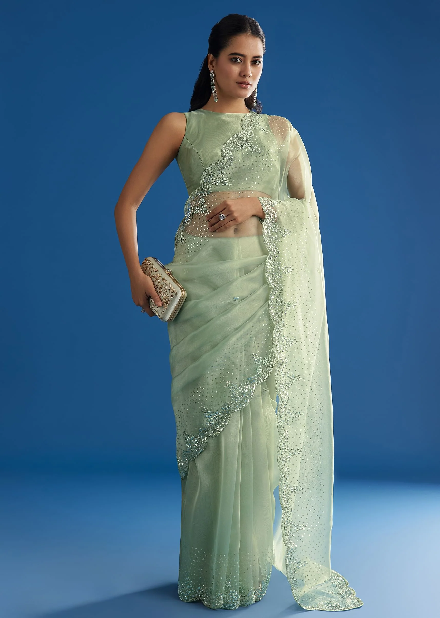 Green Glass Tissue Saree With All Over Cutdana And Sequins Embroidery