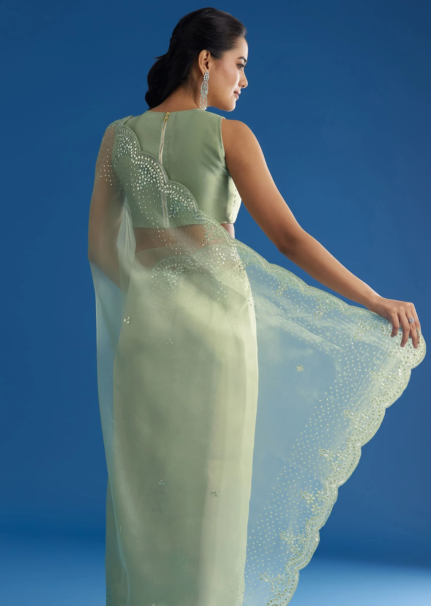 Green Glass Tissue Saree With All Over Cutdana And Sequins Embroidery - Image 4