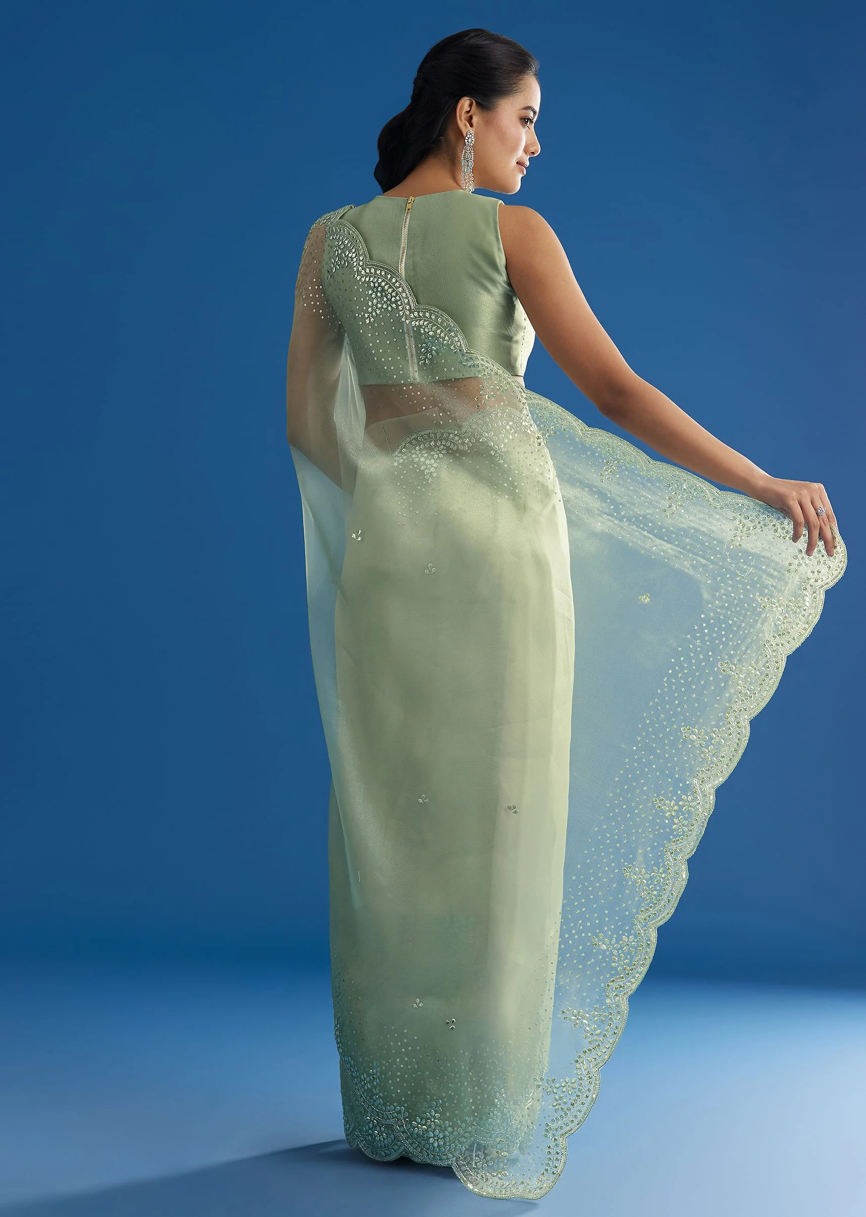 Green Glass Tissue Saree With All Over Cutdana And Sequins Embroidery - Image 6