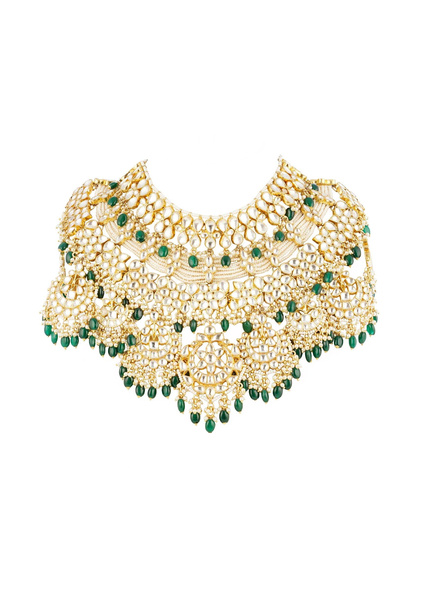 Green Gold Necklace Set With Intricate Kundan Details - Image 2
