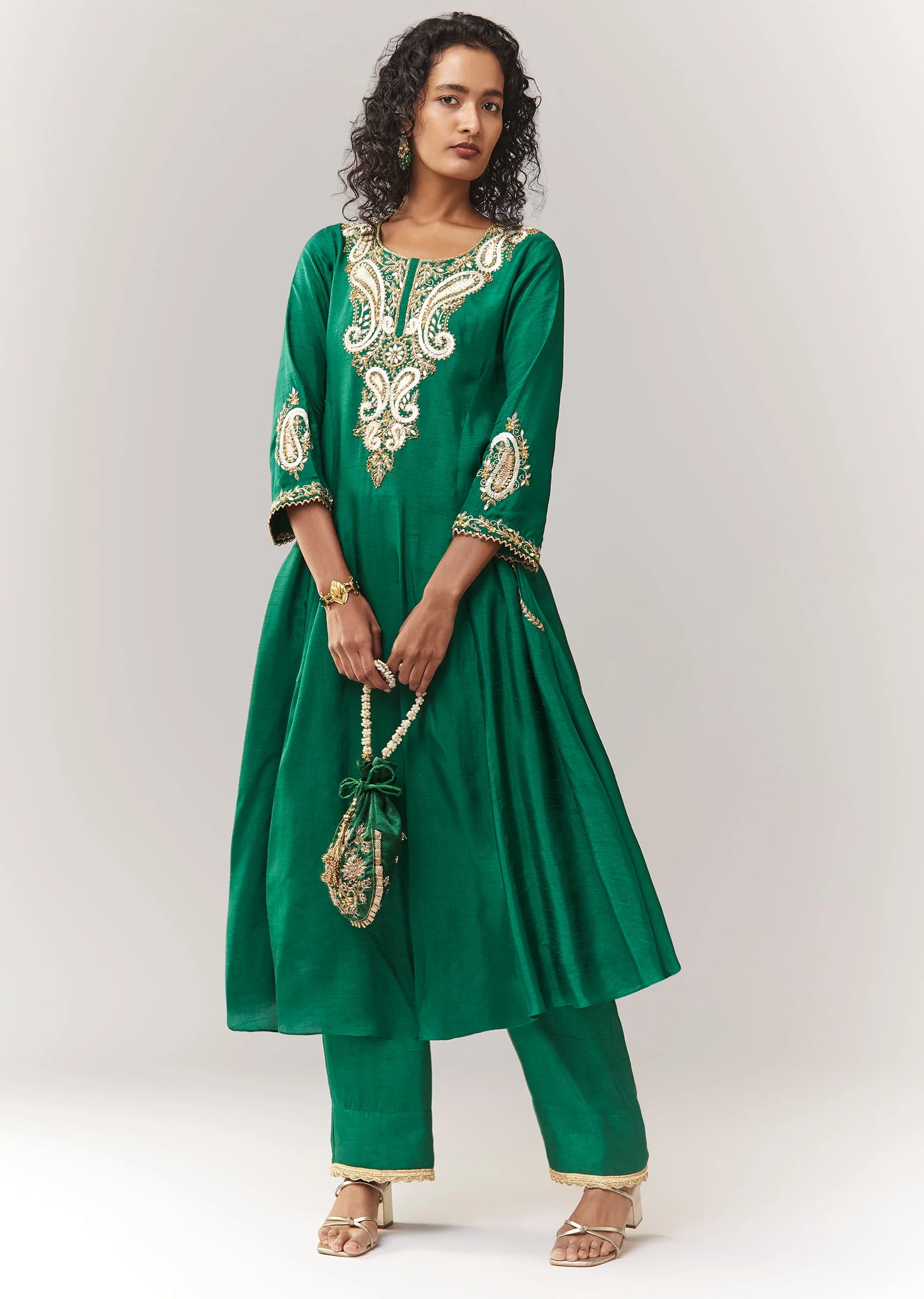 Green Gotta And Sequin Work Anarkali With Pant - Image 3