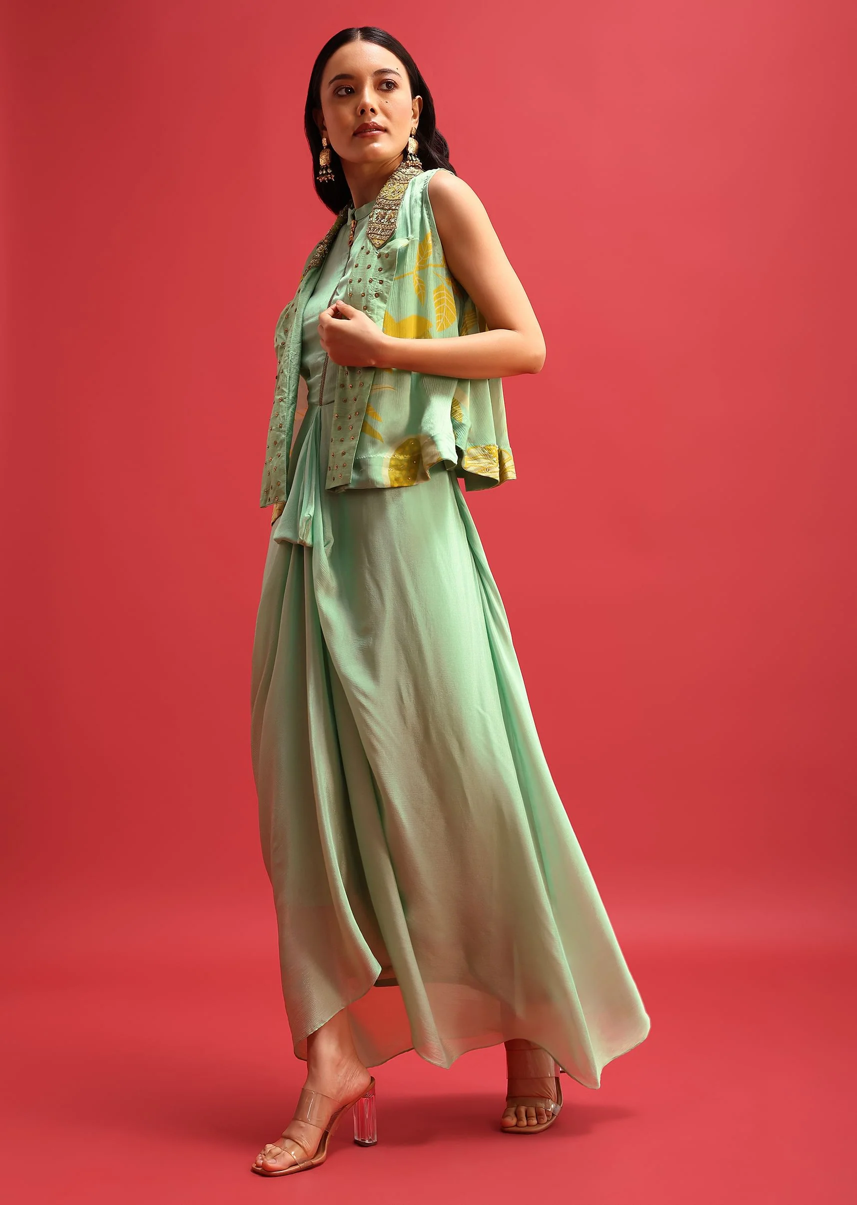 Green Gown With Embroidered Jacket - Image 3