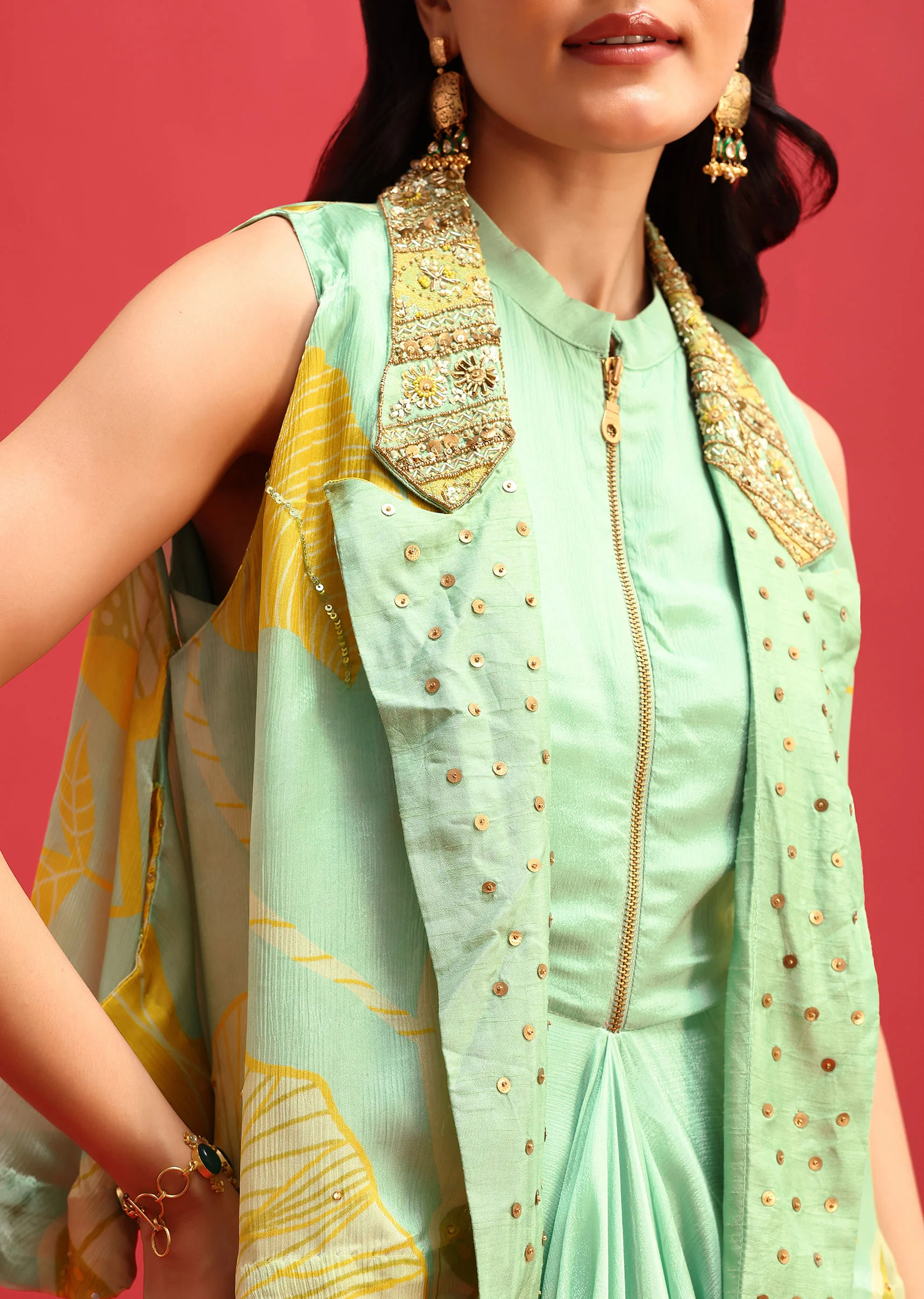 Green Gown With Embroidered Jacket - Image 4