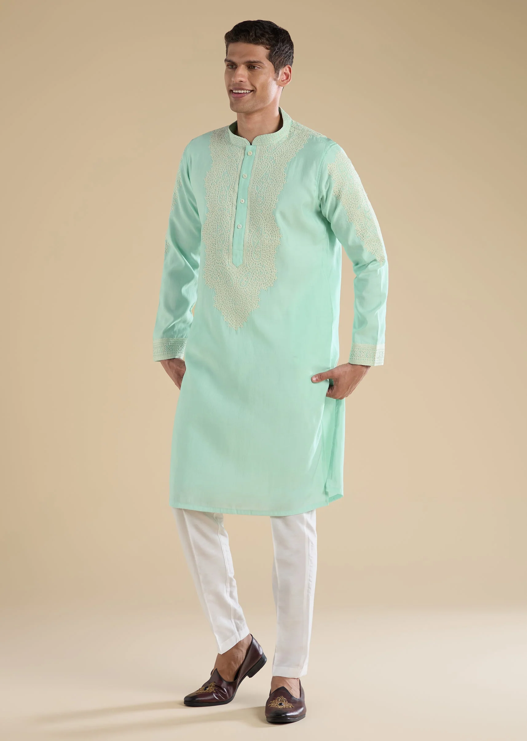 Green Gujarati Handwork Chanderi Kurta Set - Image 2