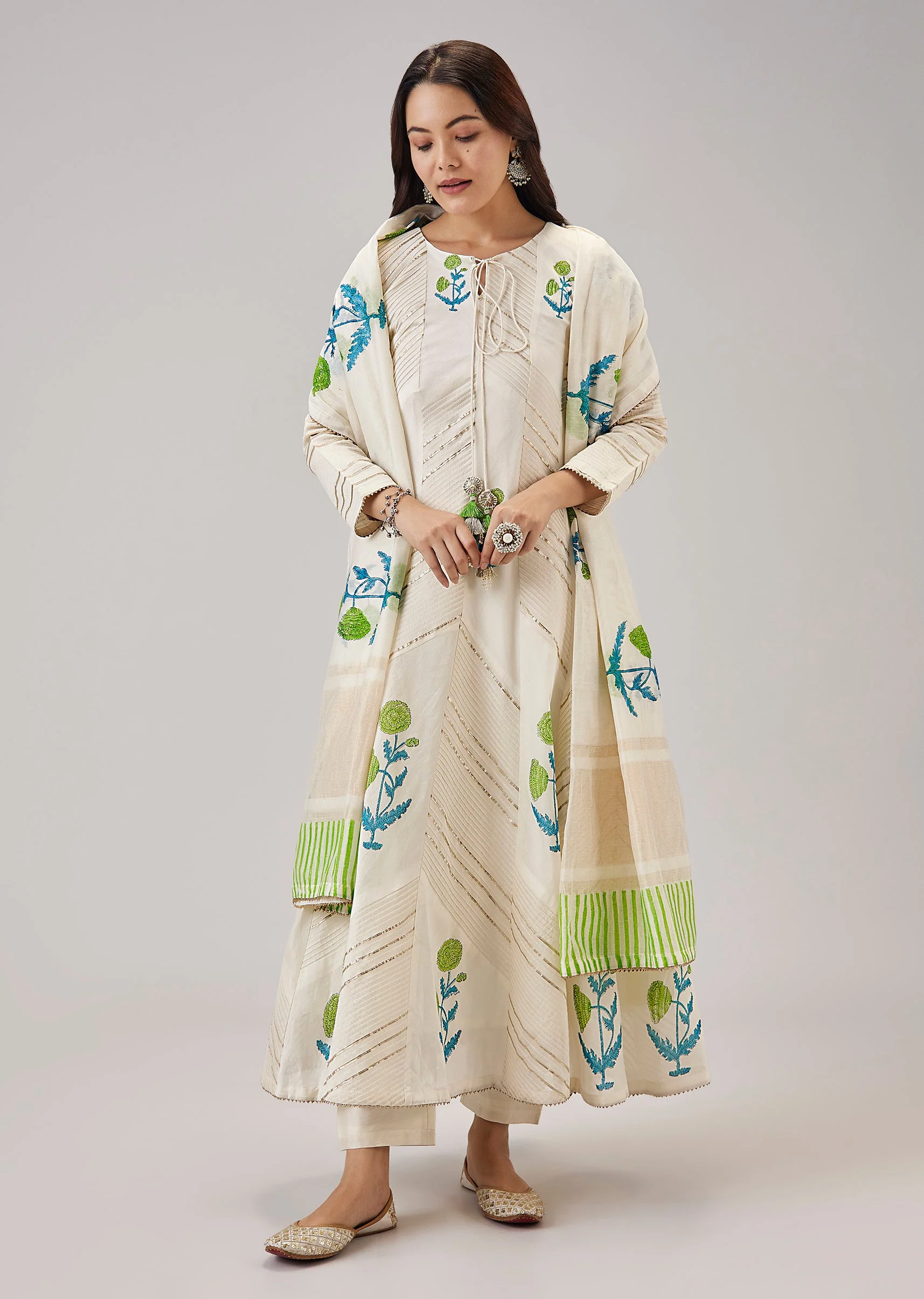 Green Hand Block Print Anarkali With Gotta Lace Work - Image 3