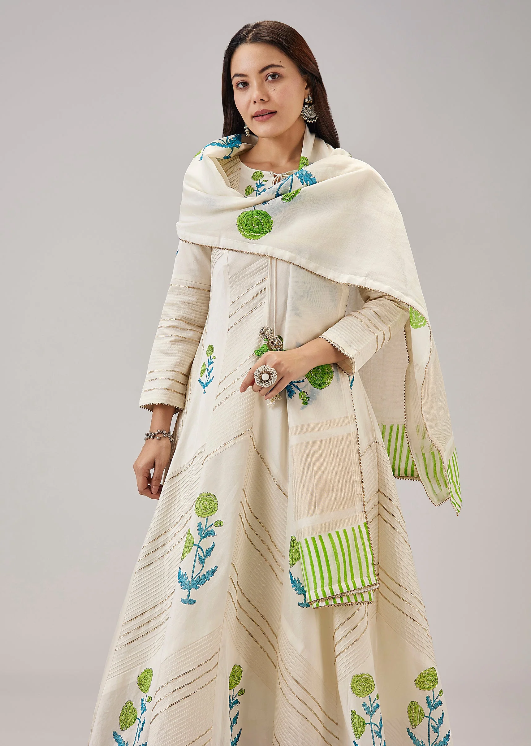 Green Hand Block Print Anarkali With Gotta Lace Work - Image 4