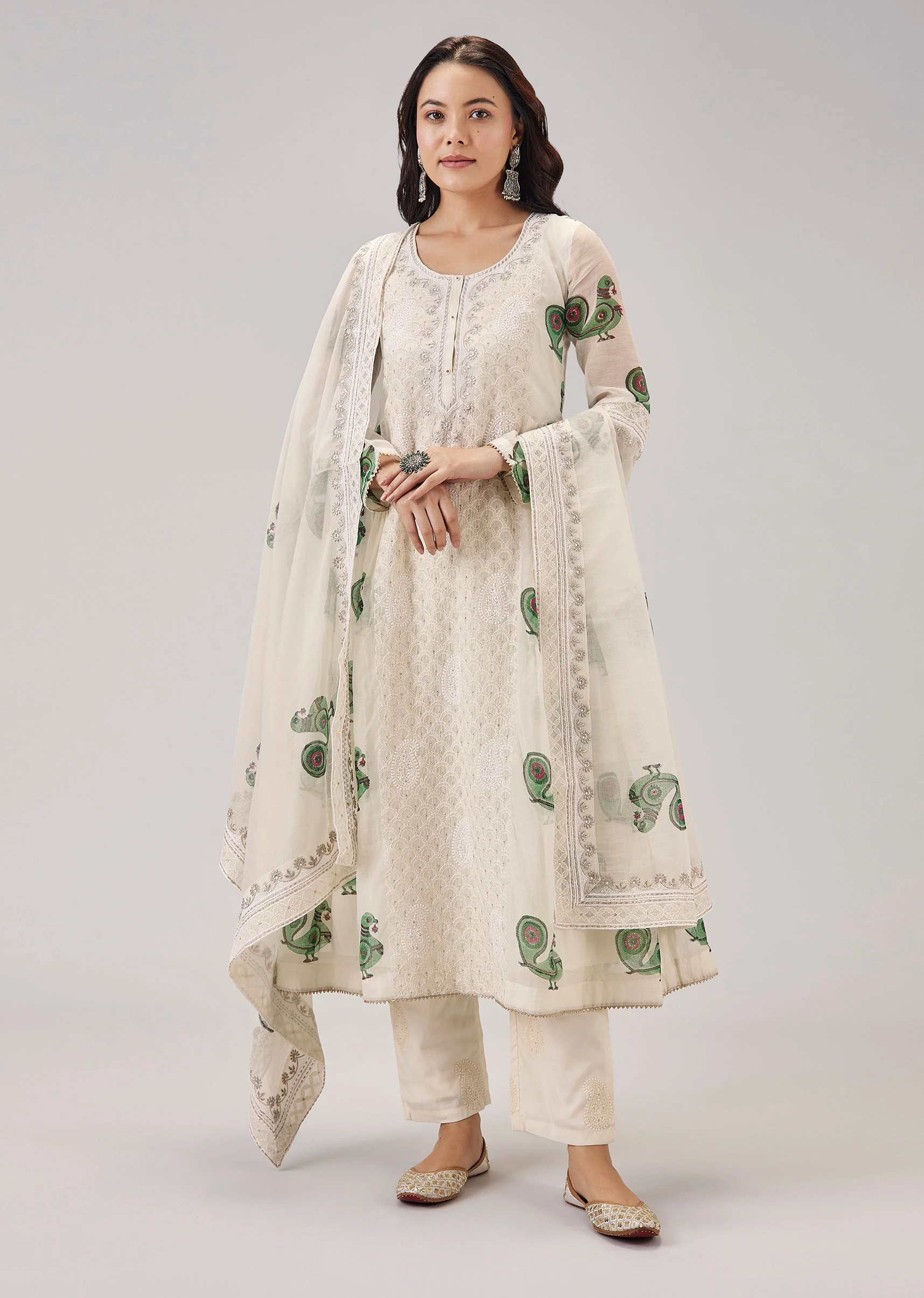 Green Hand Block Print With Lucknowi Work Anarkali