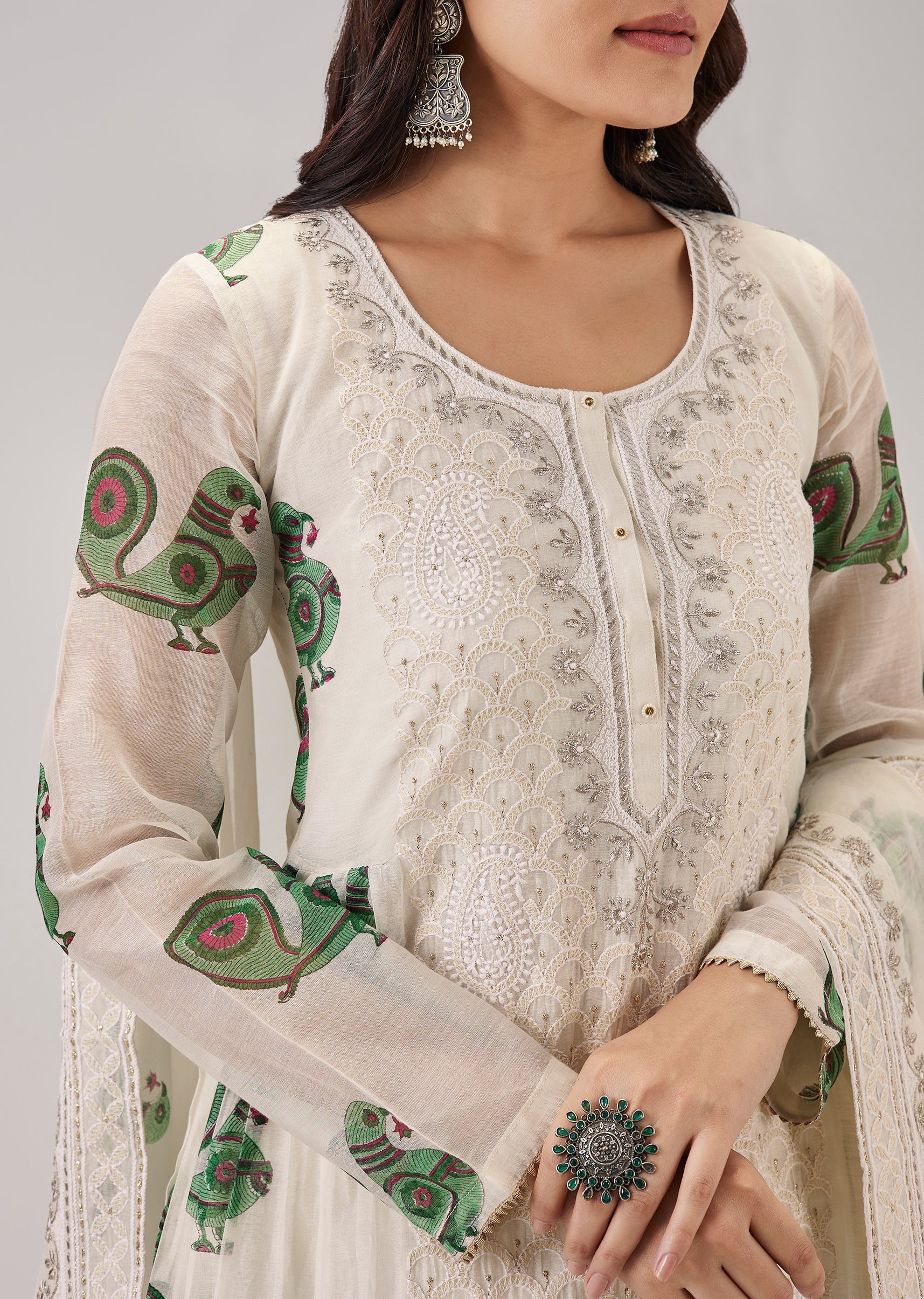 Green Hand Block Print With Lucknowi Work Anarkali - Image 2
