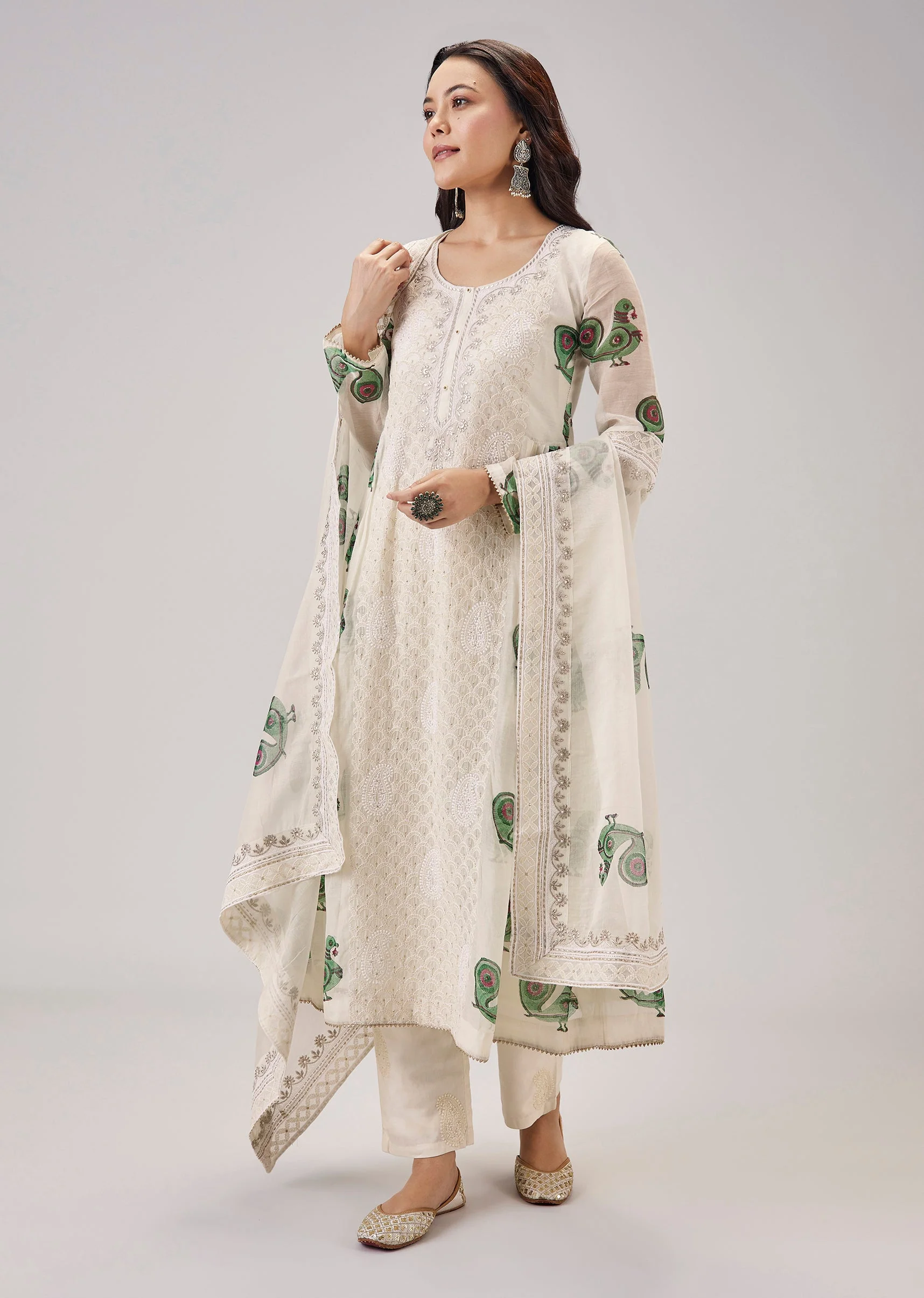 Green Hand Block Print With Lucknowi Work Anarkali - Image 3