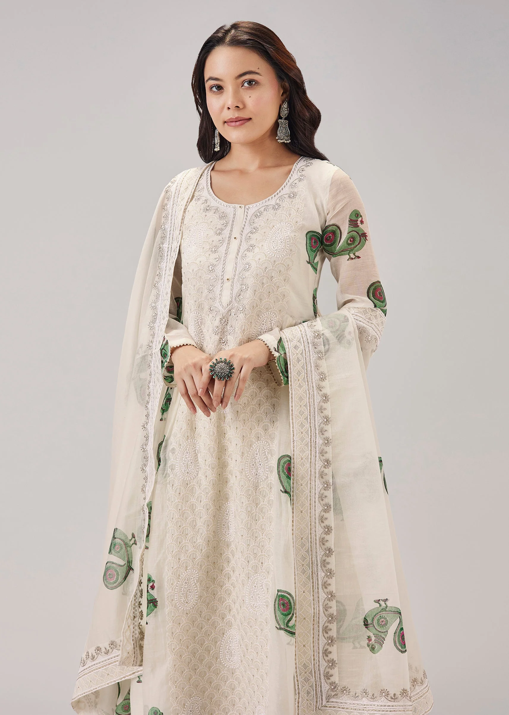 Green Hand Block Print With Lucknowi Work Anarkali - Image 4
