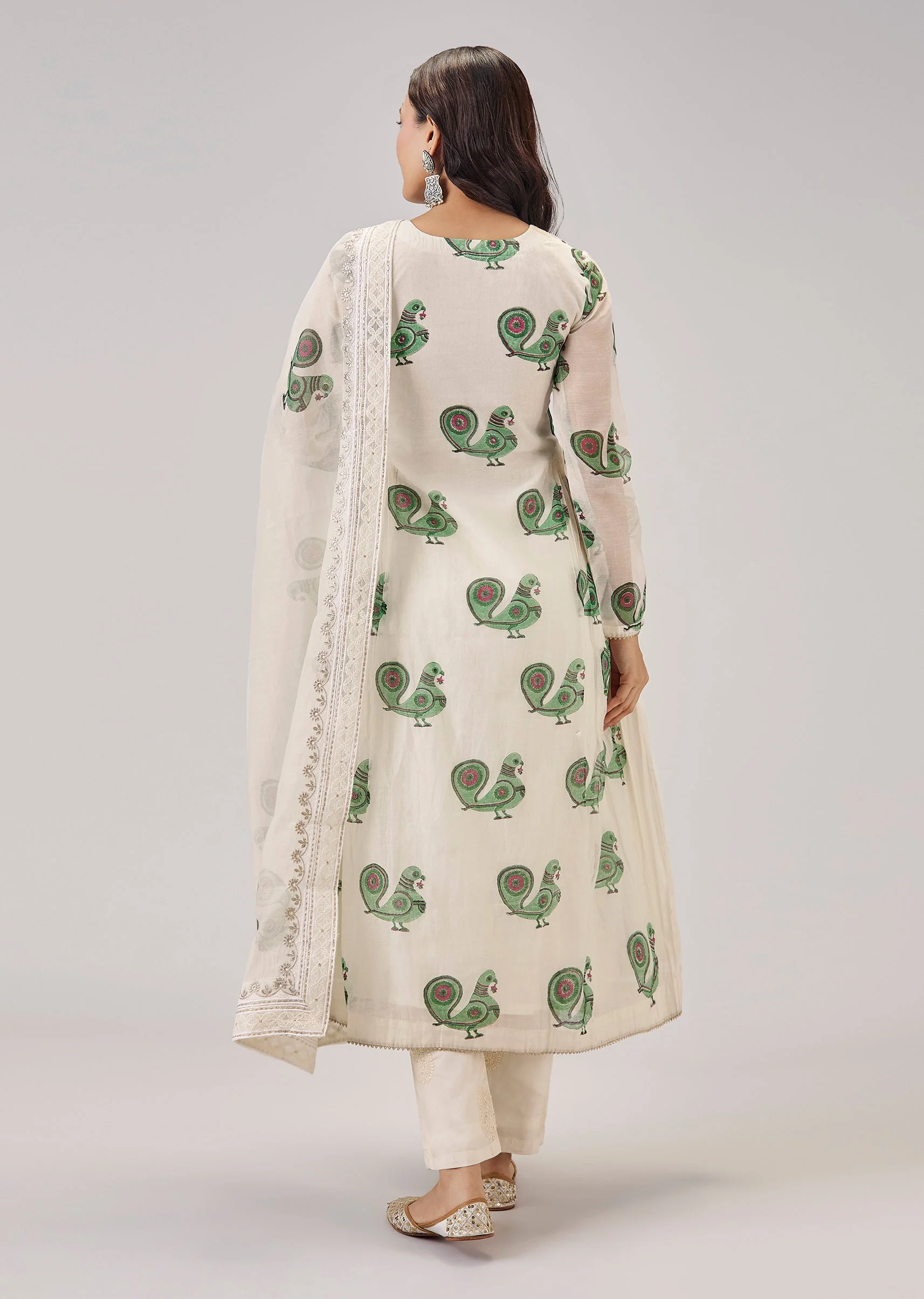 Green Hand Block Print With Lucknowi Work Anarkali - Image 6