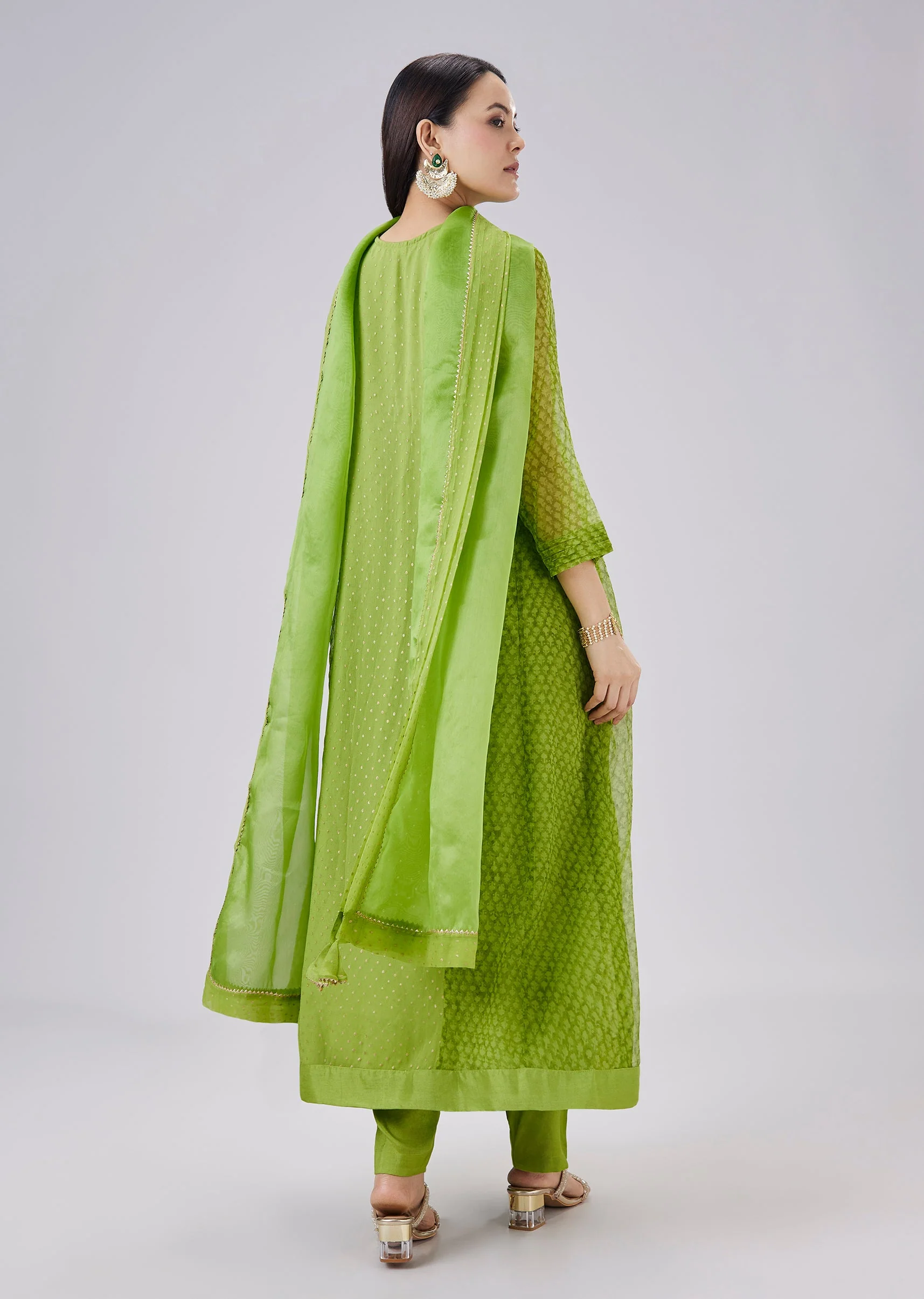 Green Hand Block Printed Chiffon Anarkali Set With Dupatta - Image 5