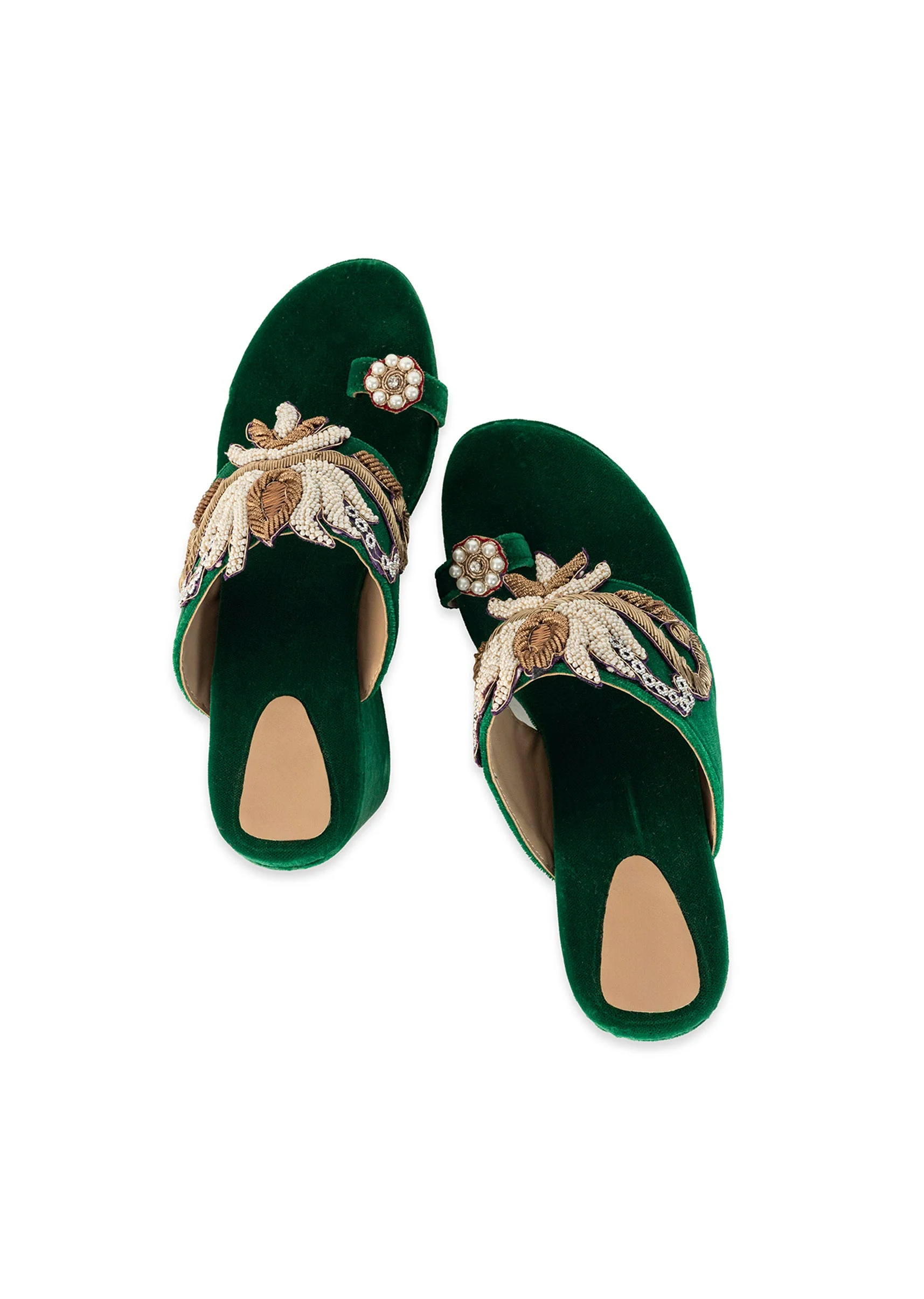Green Hand Embellished Velvet Wedges - Image 2