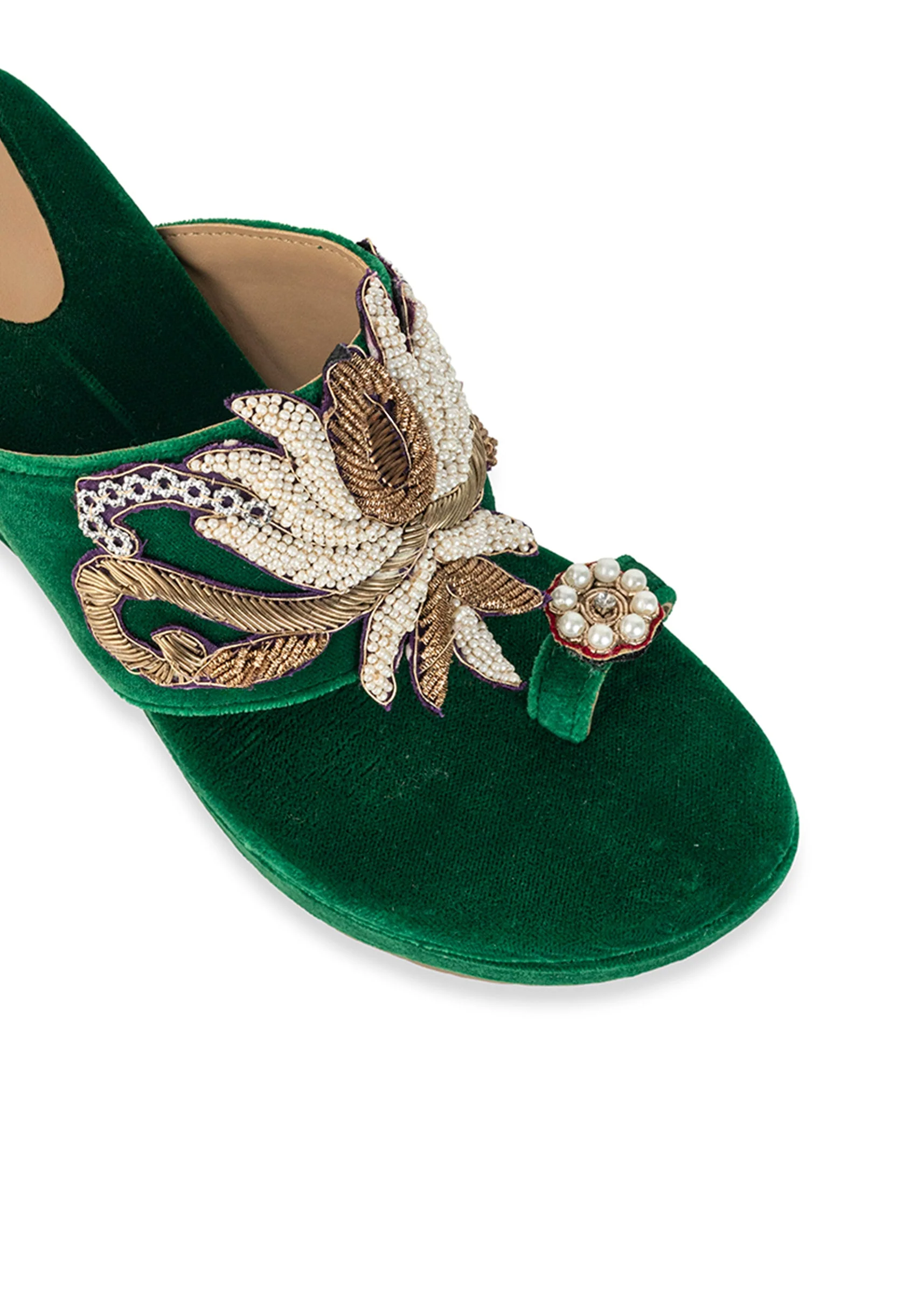 Green Hand Embellished Velvet Wedges - Image 3