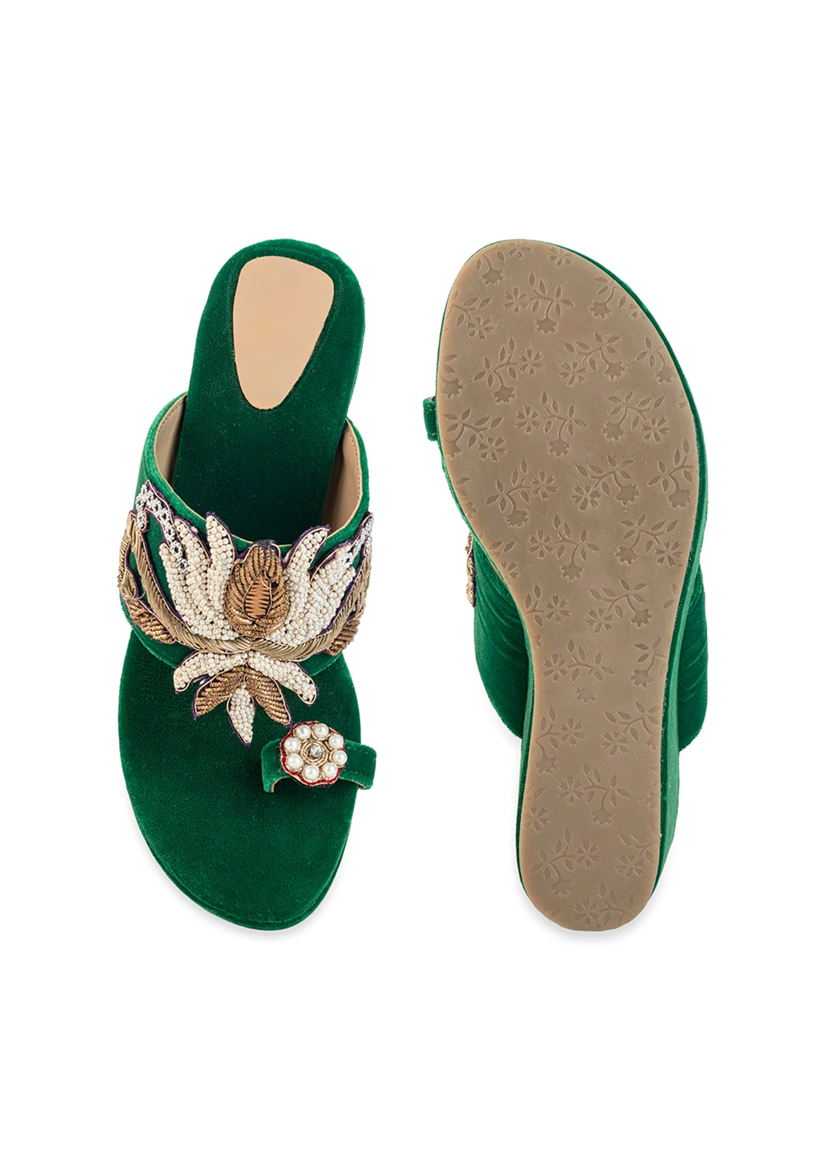 Green Hand Embellished Velvet Wedges - Image 4