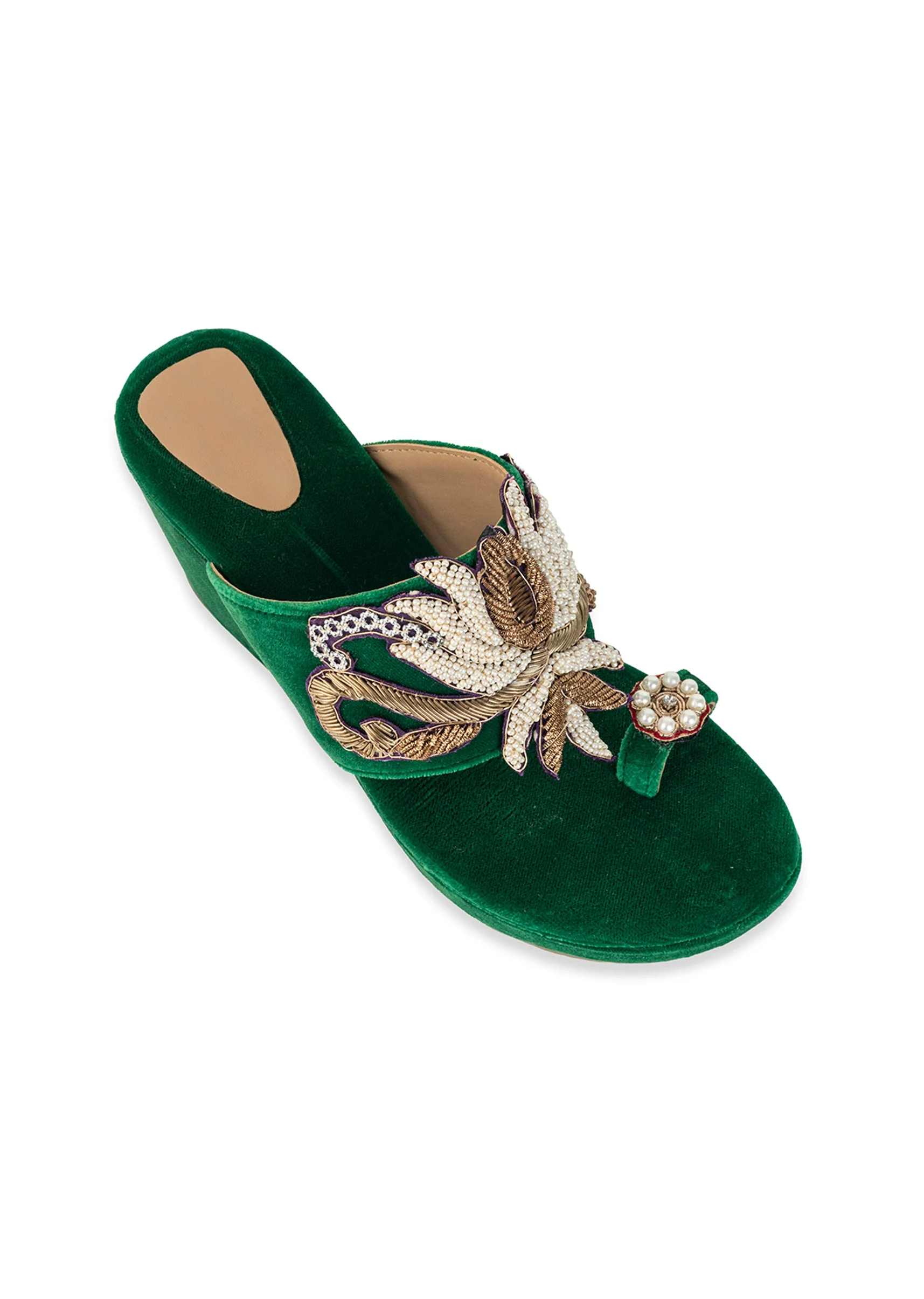 Green Hand Embellished Velvet Wedges - Image 5