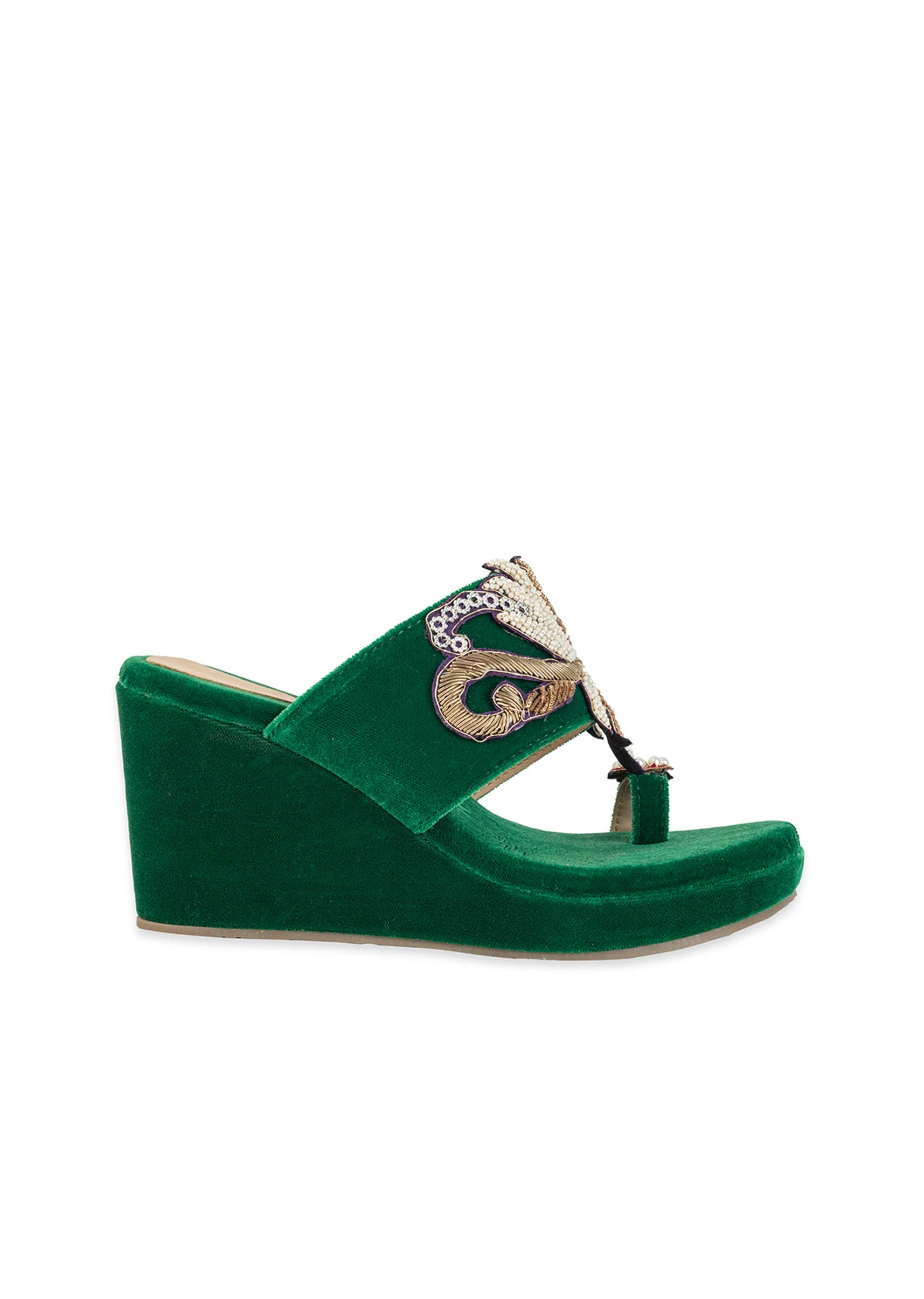 Green Hand Embellished Velvet Wedges - Image 6
