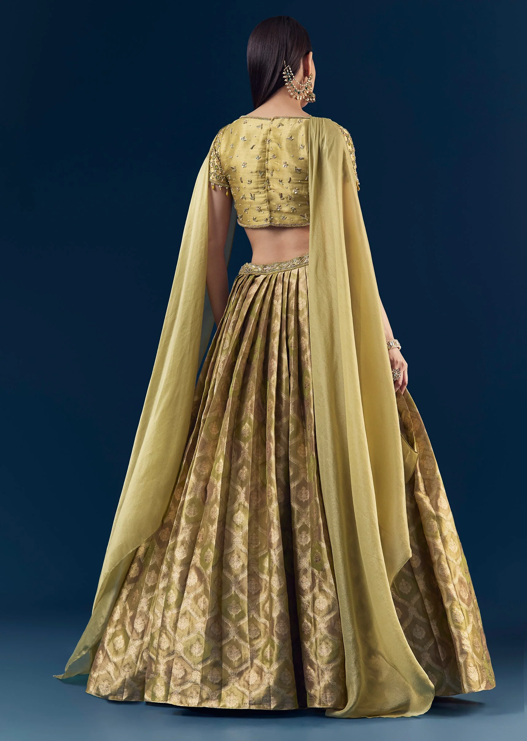 Green Hand Embroidered Banarasi Silk Bridesmaid Lehenga Set - Image 2