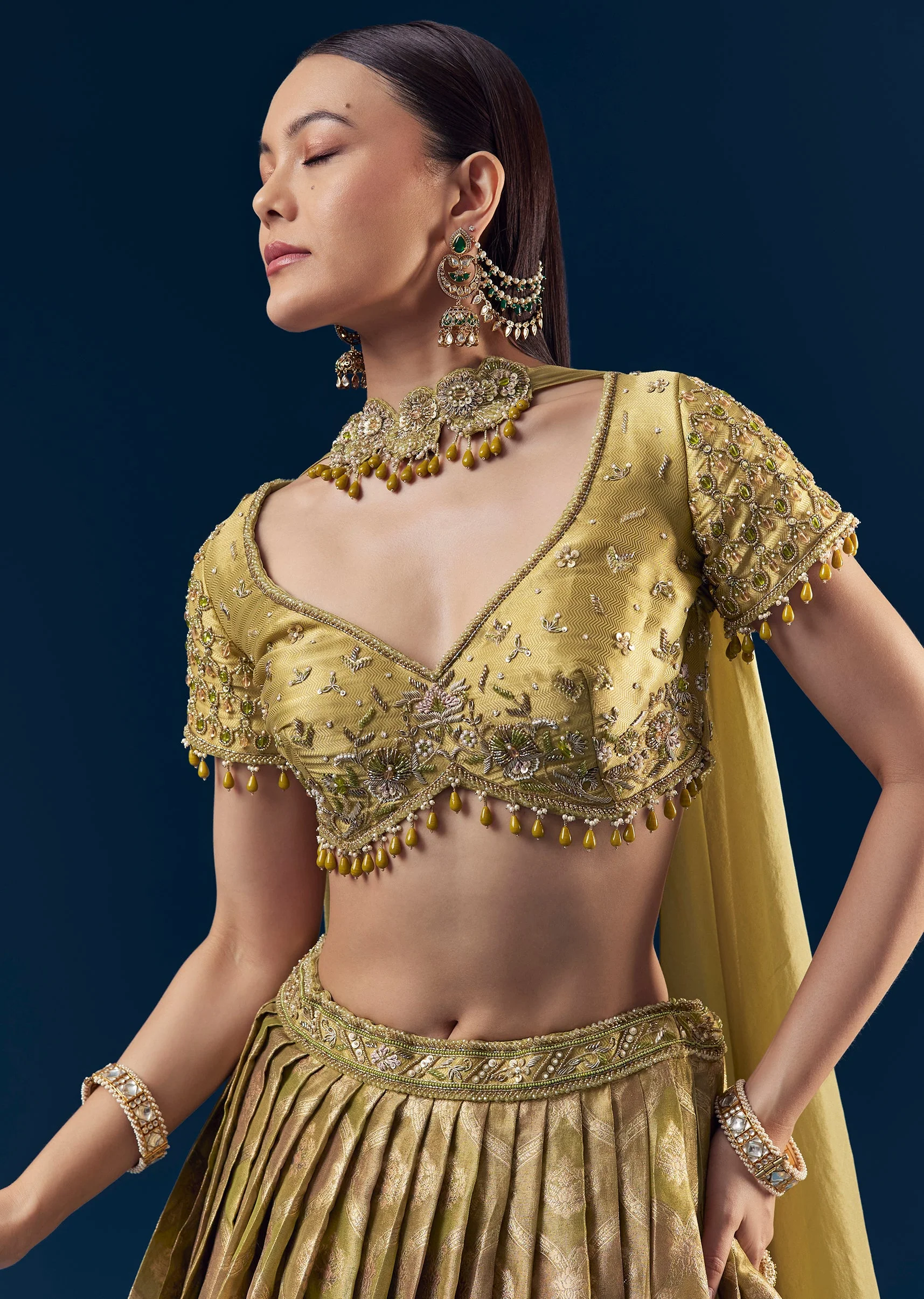 Green Hand Embroidered Banarasi Silk Bridesmaid Lehenga Set - Image 3