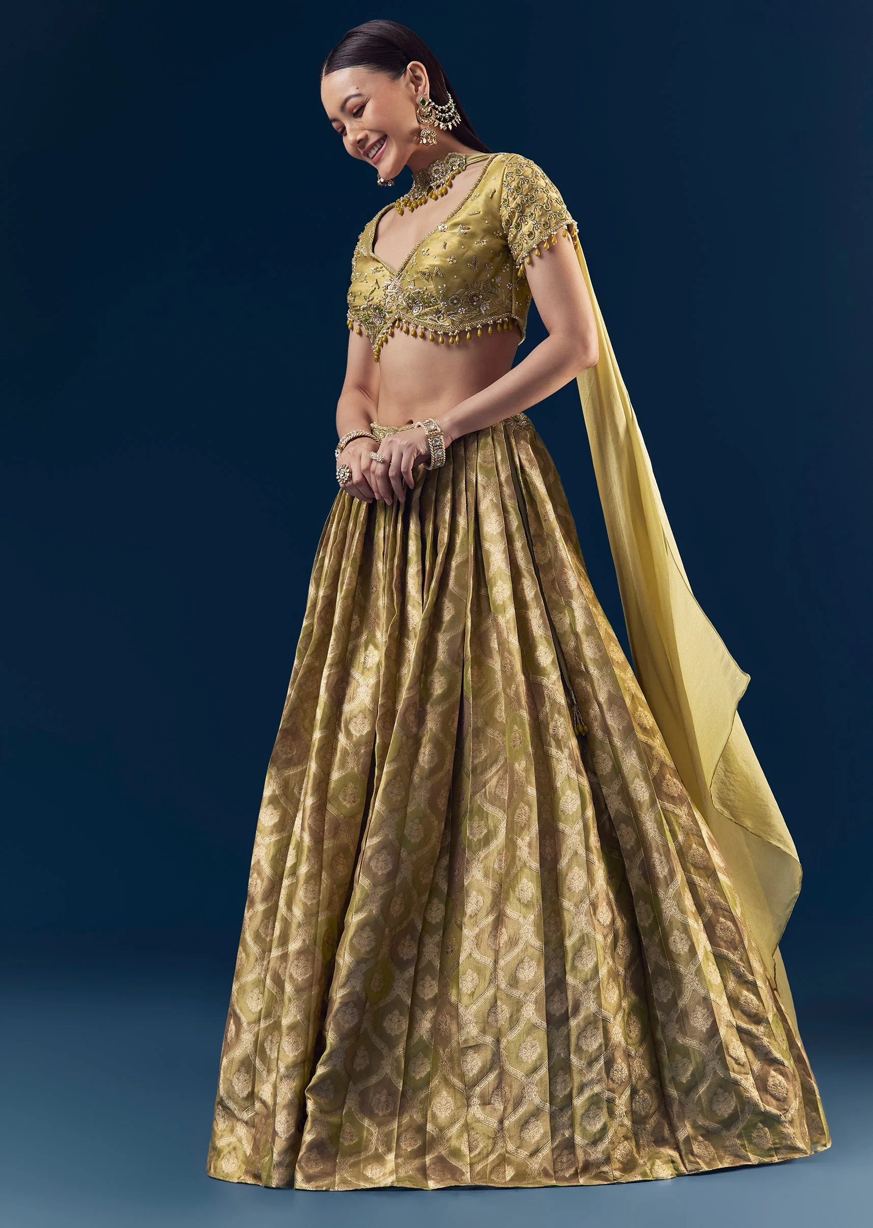 Green Hand Embroidered Banarasi Silk Bridesmaid Lehenga Set - Image 4