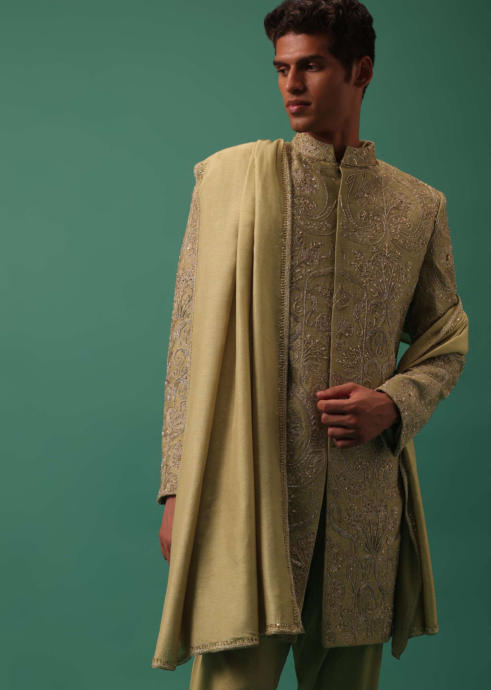 Green Indo-Sherwani Set With Heavy Hand Embroidery - Image 4