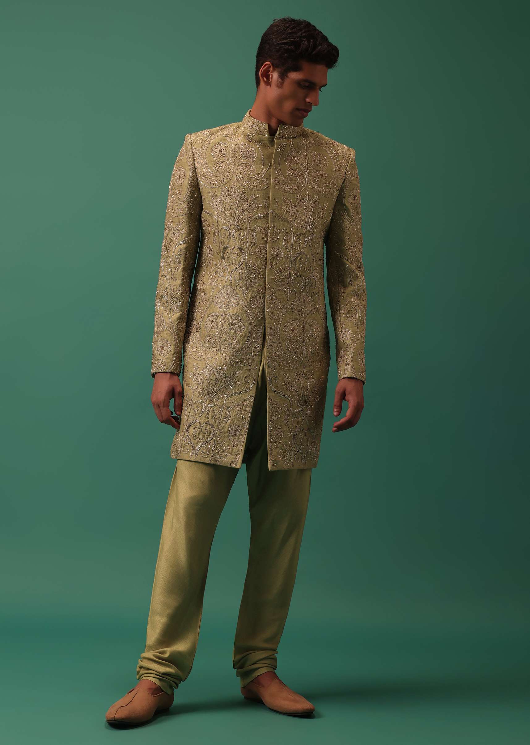 Green Indo-Sherwani Set With Heavy Hand Embroidery - Image 5