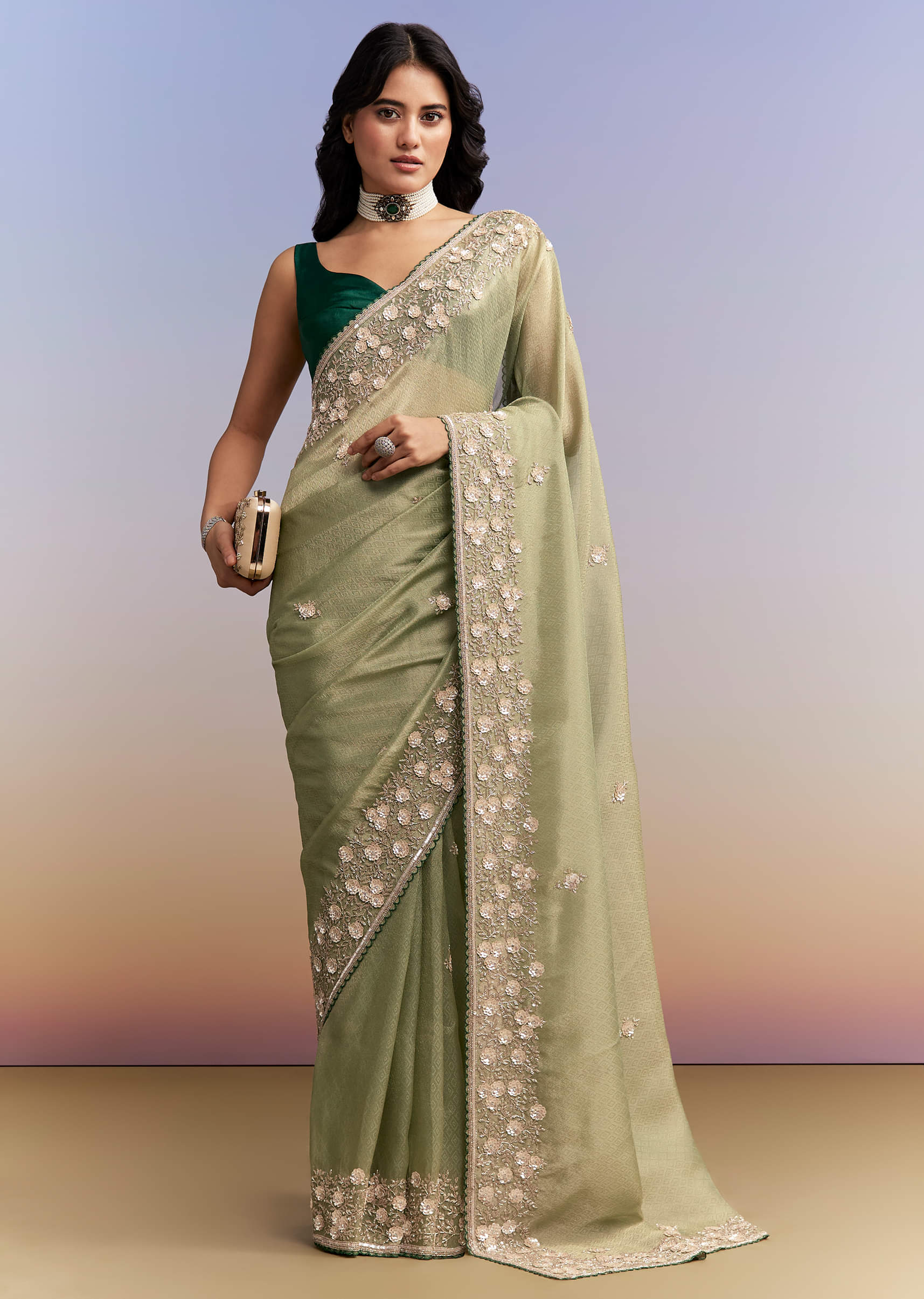 Green Jacquard Tissue Saree With Heavy Hand Embroidery