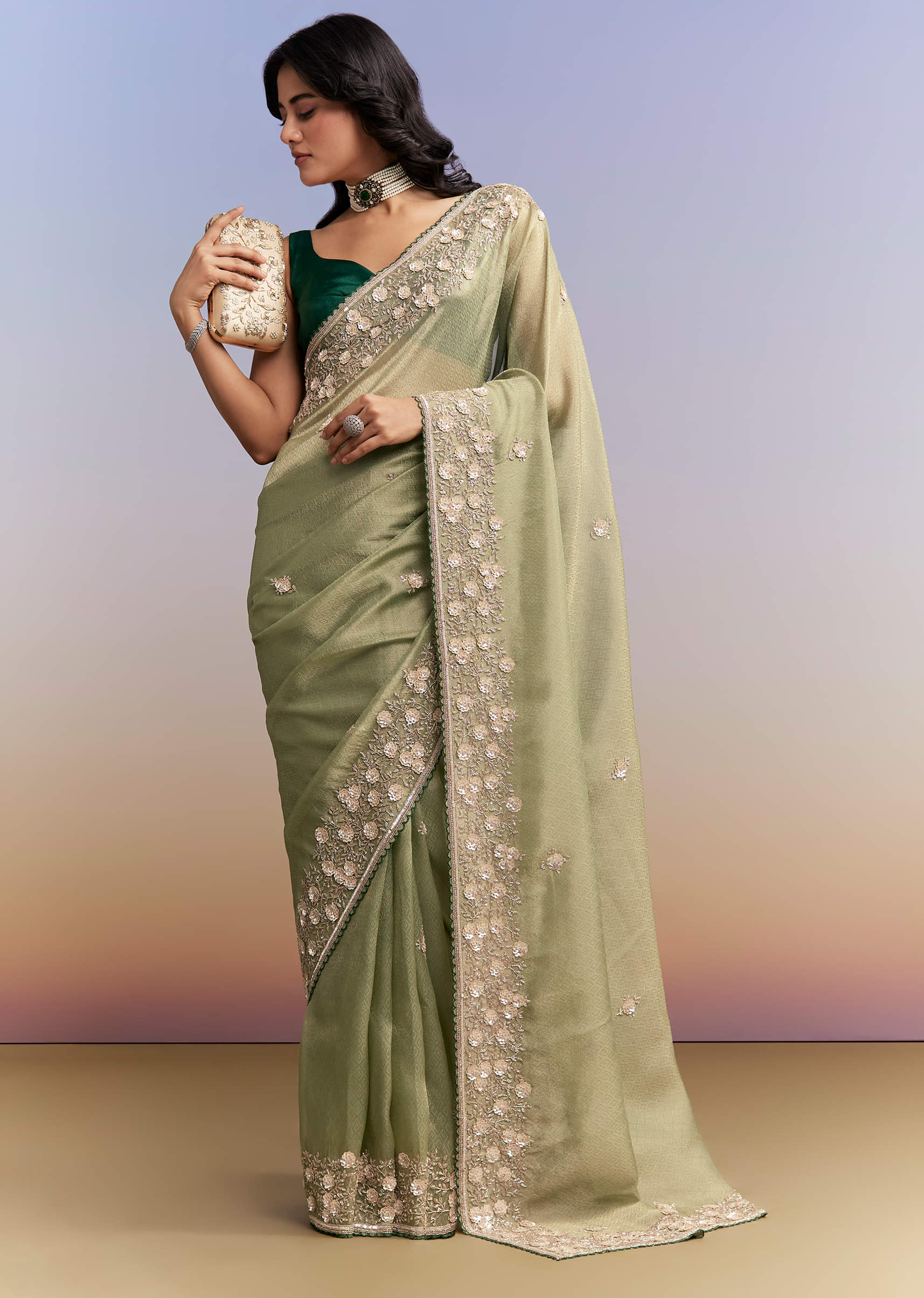 Green Jacquard Tissue Saree With Heavy Hand Embroidery - Image 3