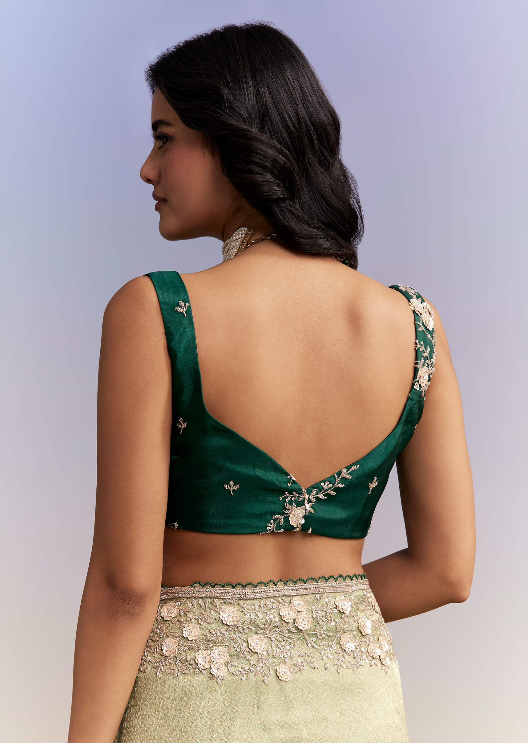 Green Jacquard Tissue Saree With Heavy Hand Embroidery - Image 8