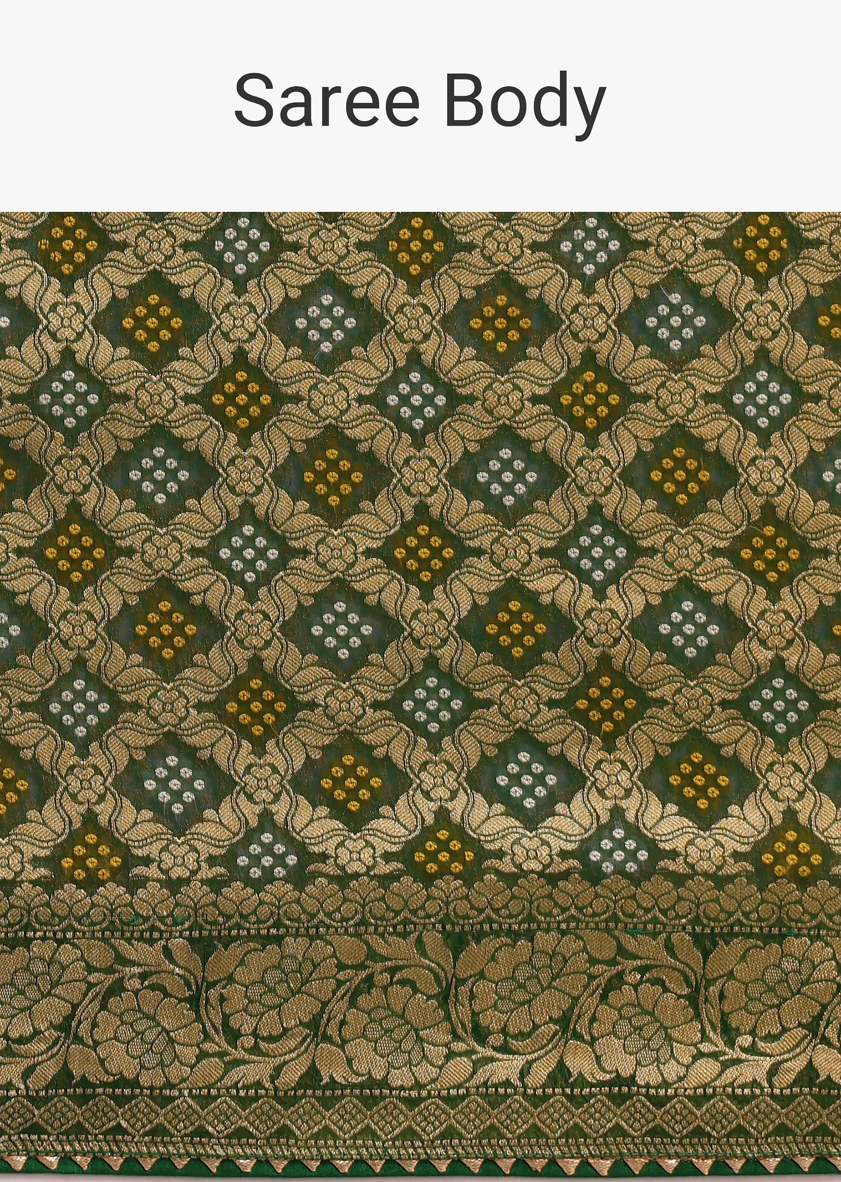 Green Khaddi Georgette Bandhani Saree With Zari Jaal Motif Weave - Image 9