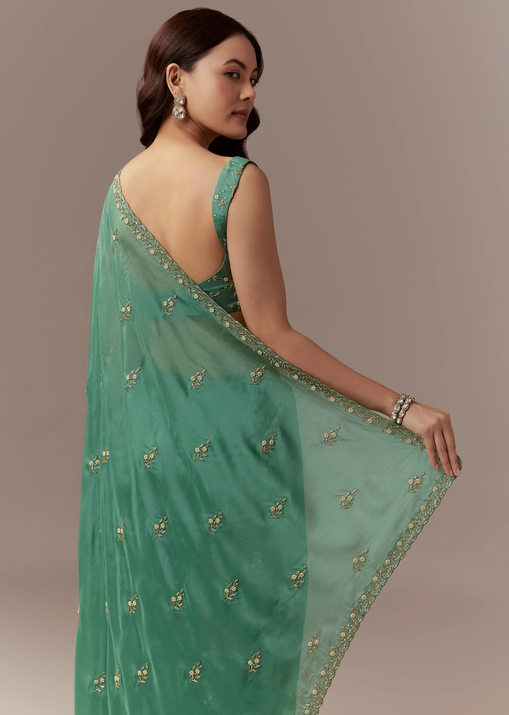Green Kora Silk Saree With Cutdana Beads And Stone Embroidery - Image 6