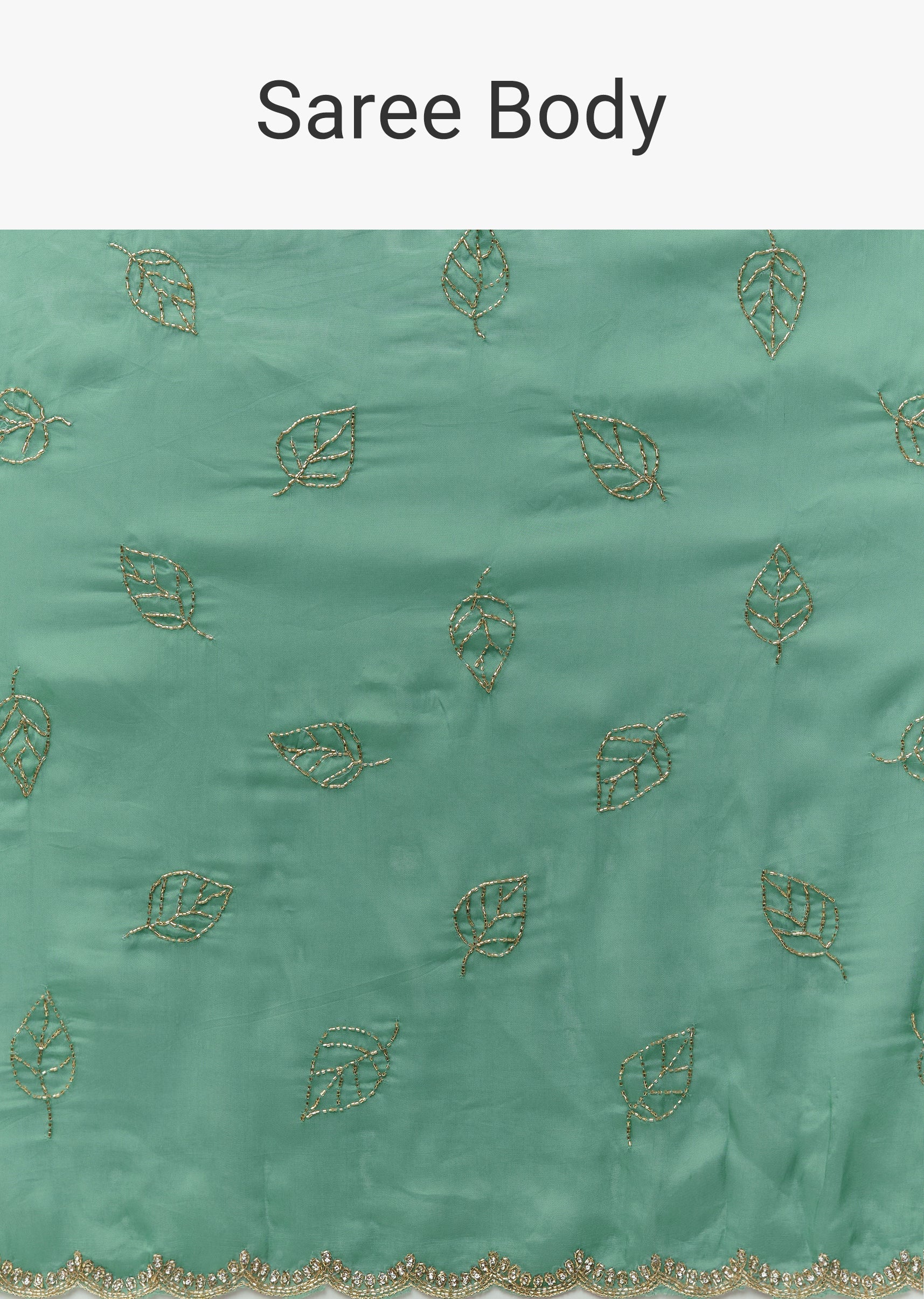 Green Kora Silk Saree With Cutdana Stones And Leaf Motif Embroidery - Image 9