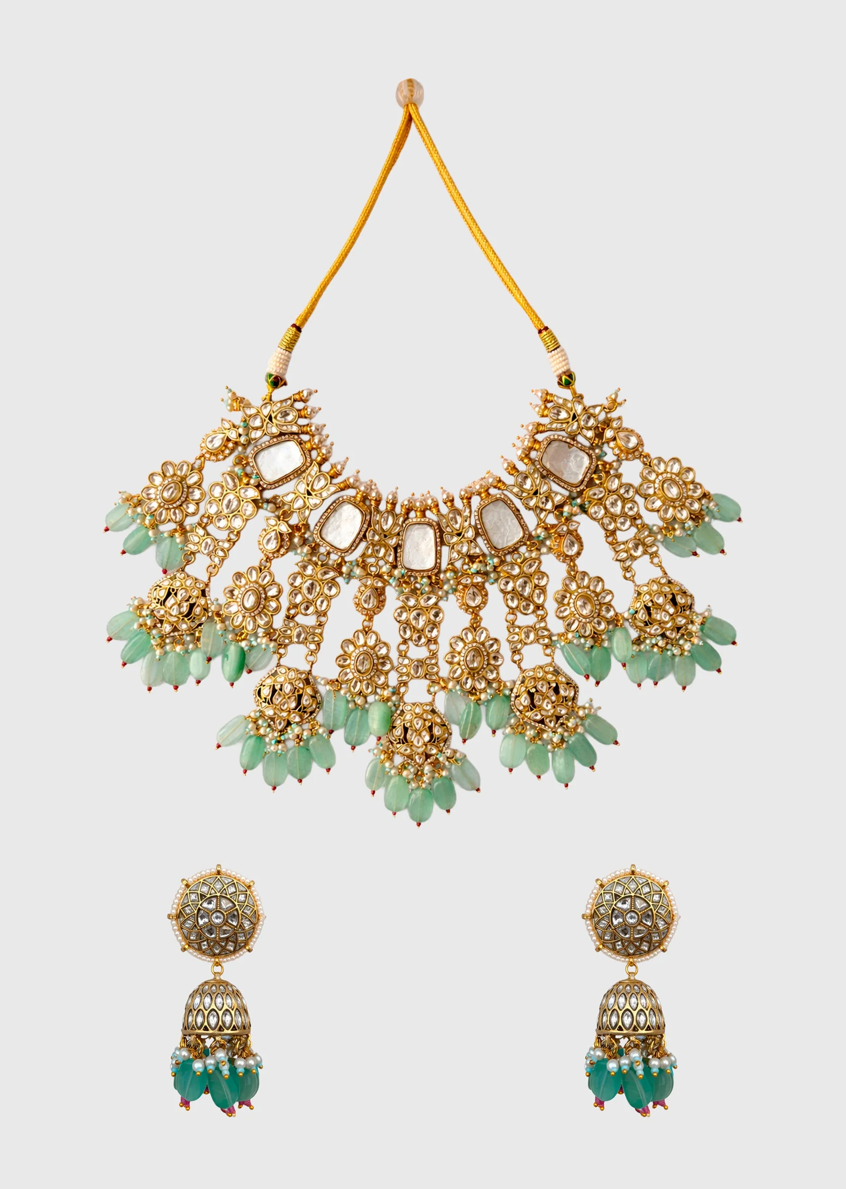 Green Kundan And Mother Of Pearl Necklace Set