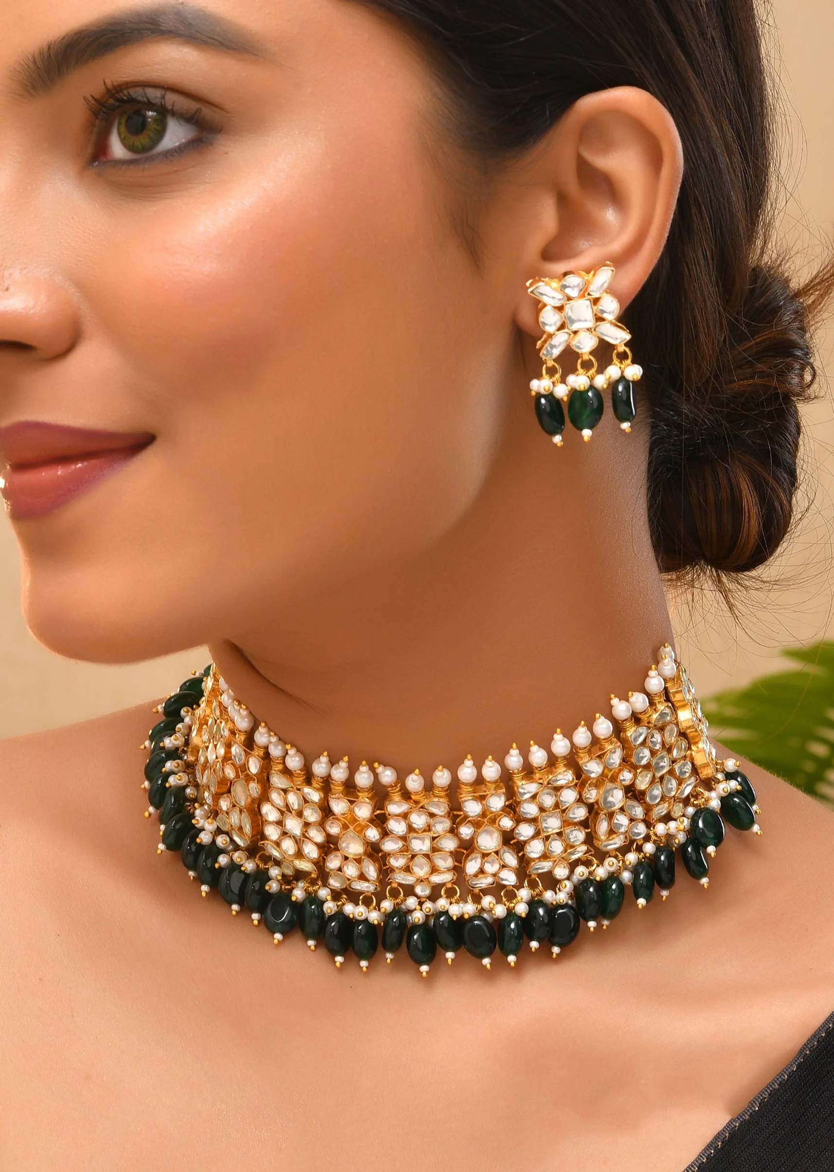 Green Kundan Choker Necklace and Earrings Set