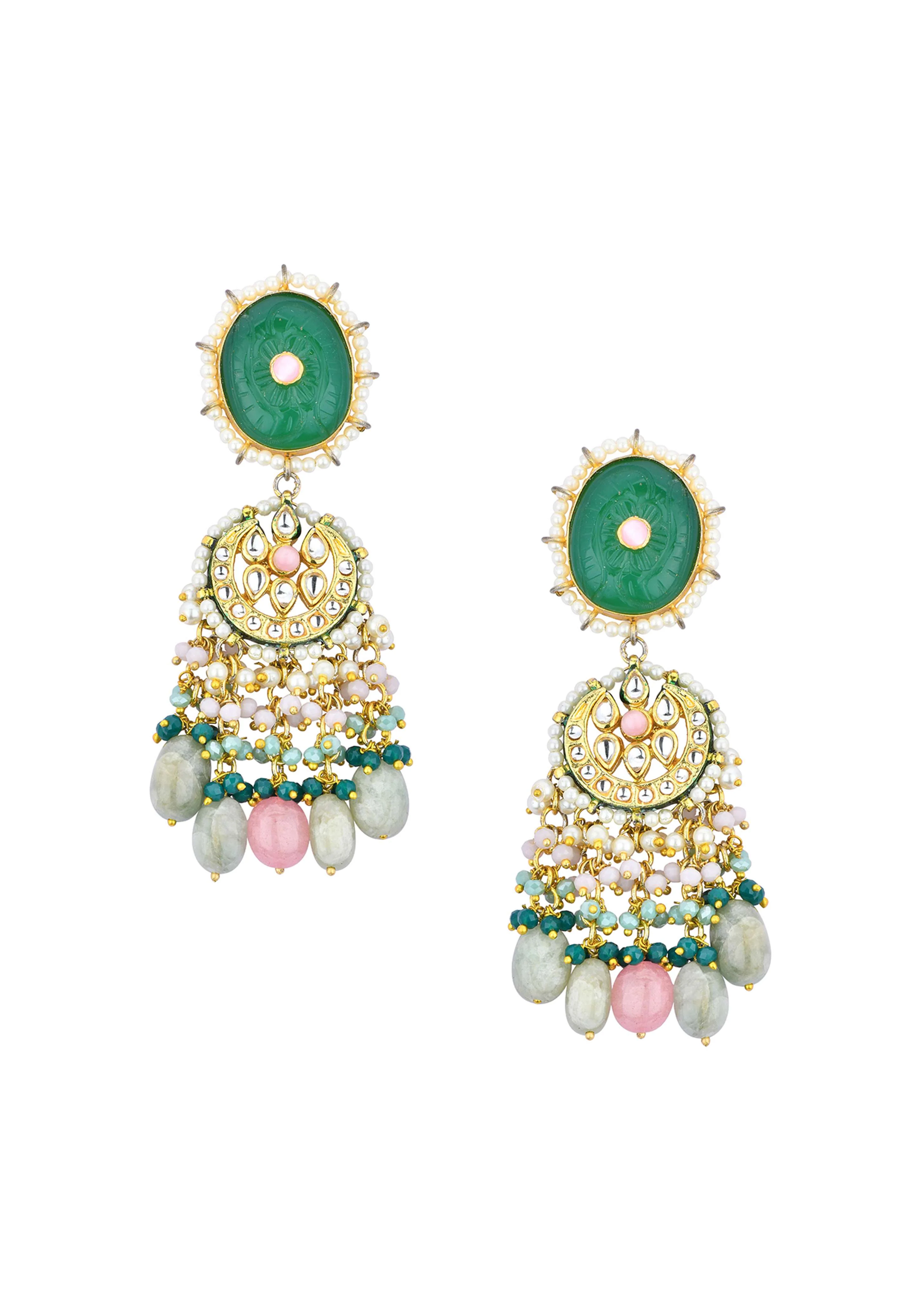 Green Kundan Choker Set With Carved Stones And Pink Beads - Image 6