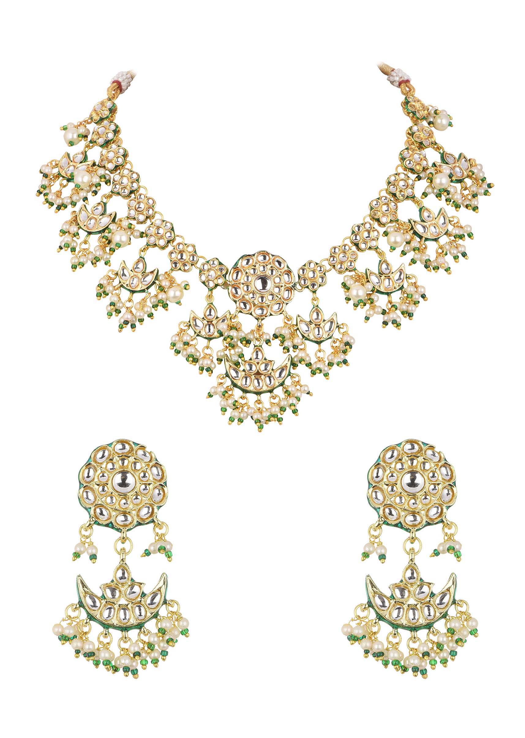 Green Kundan Necklace Set With Chandbalis In Mix Metal - Image 4