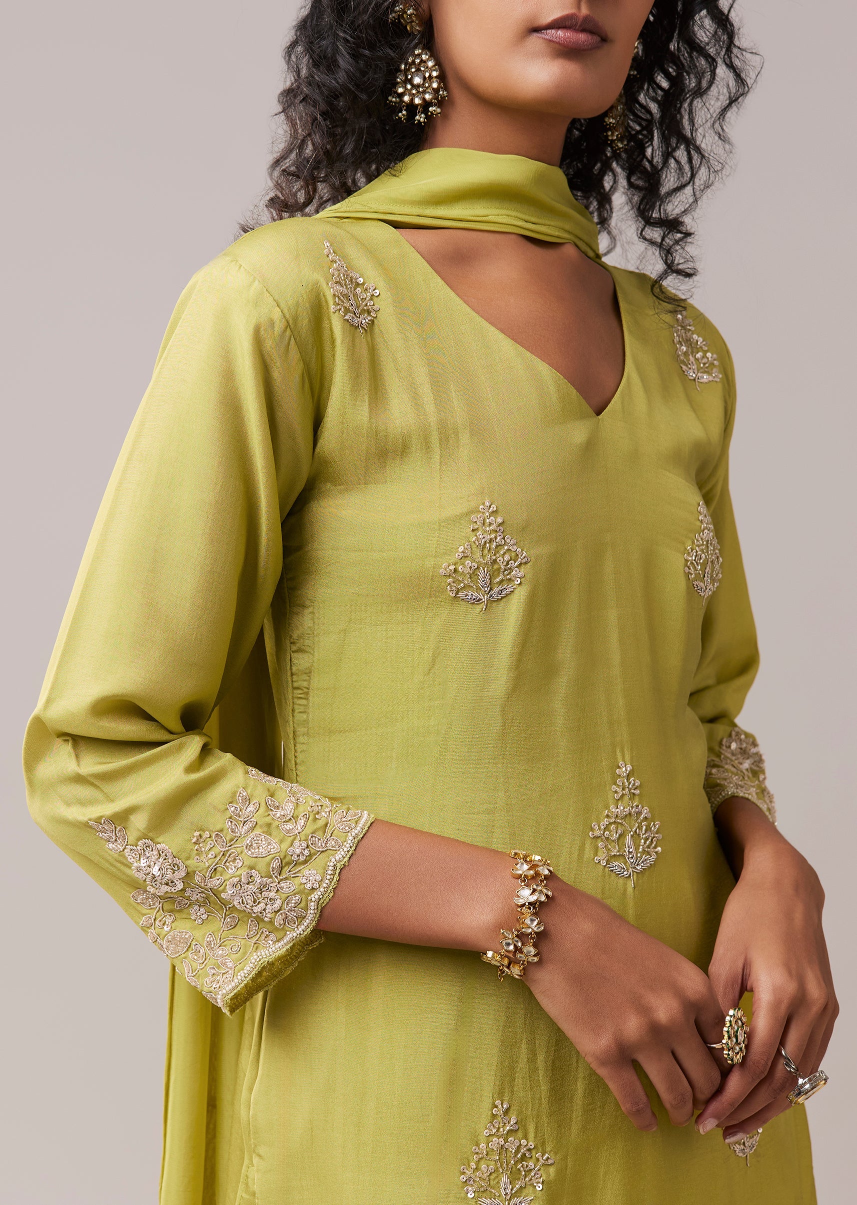 Green Kurta Palazzo Set in Silk with Cutdana Work - Image 3