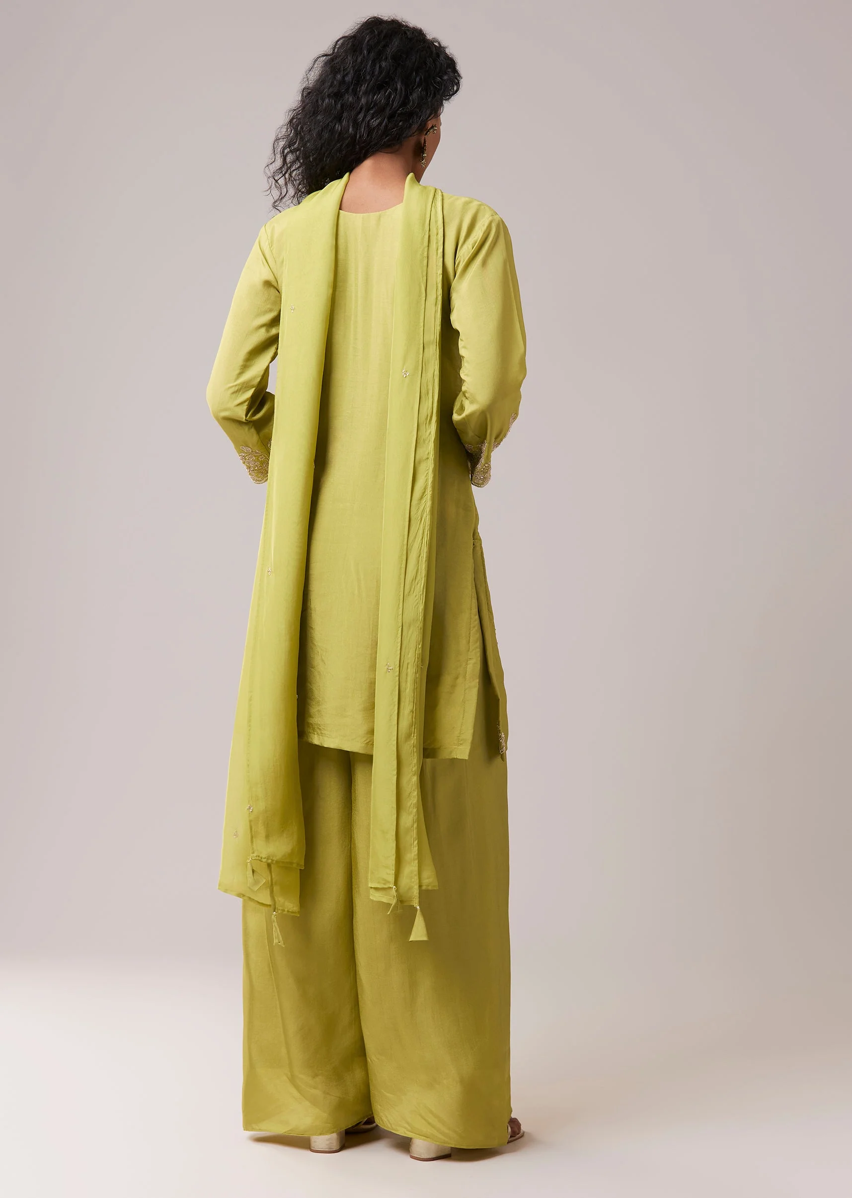 Green Kurta Palazzo Set in Silk with Cutdana Work - Image 5