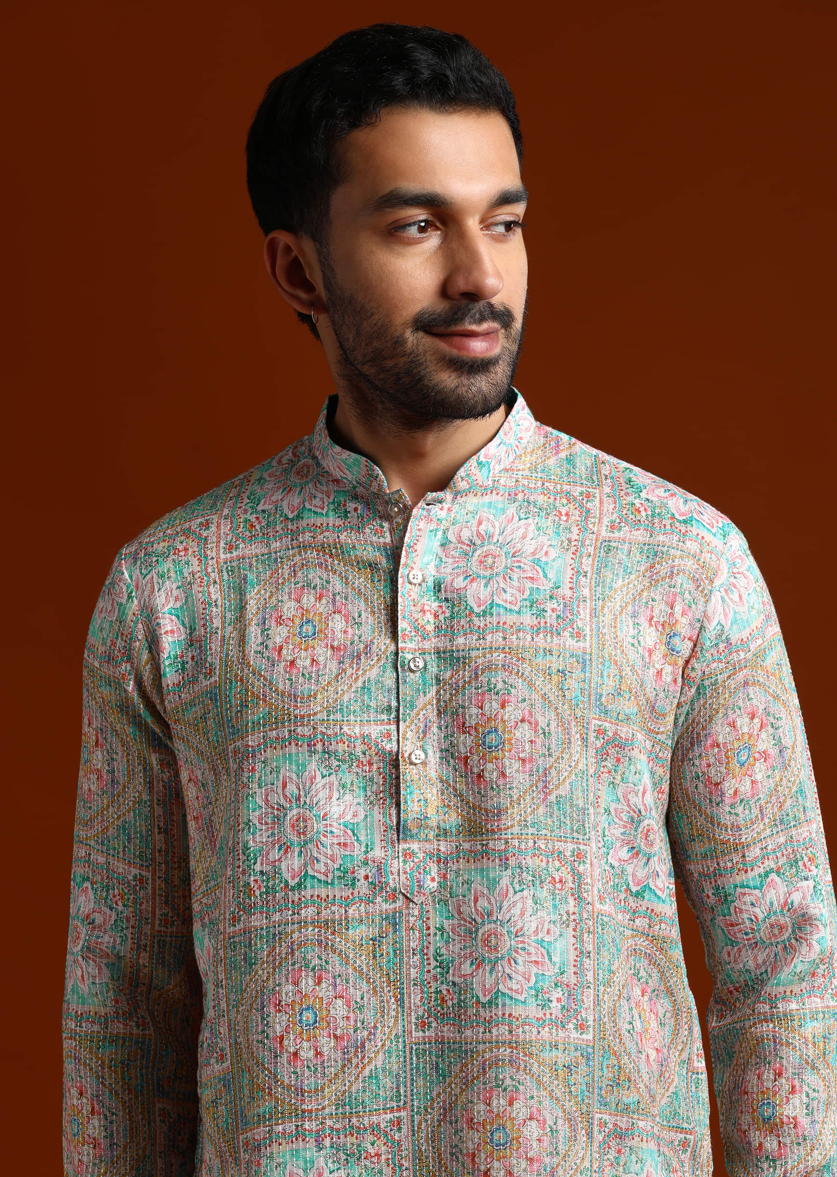 Green Kurta Set For Men With Kantha Work - Image 3