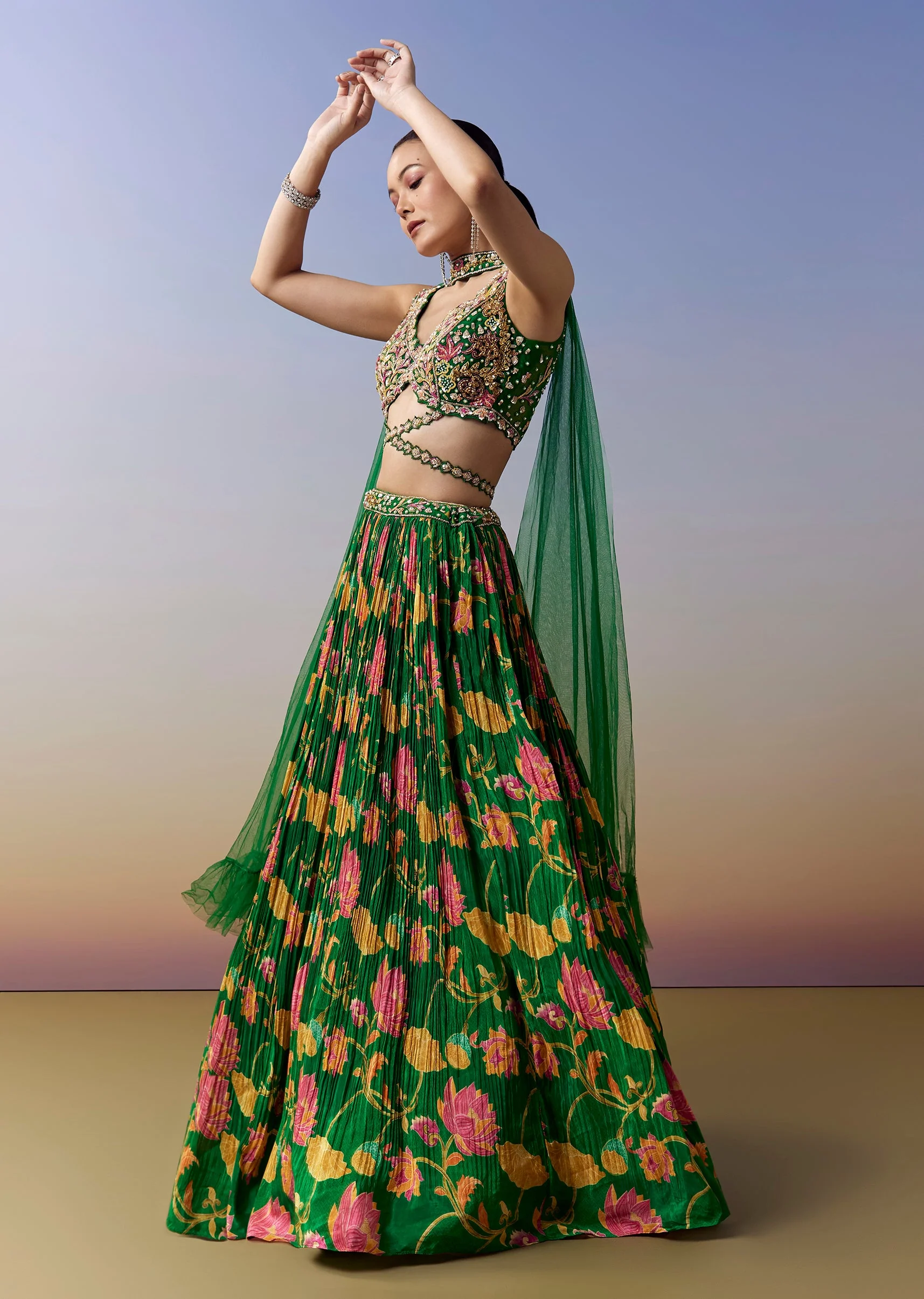 Green Lehenga With Floral Print And Sequins Moti Cut Dana Work - Image 3