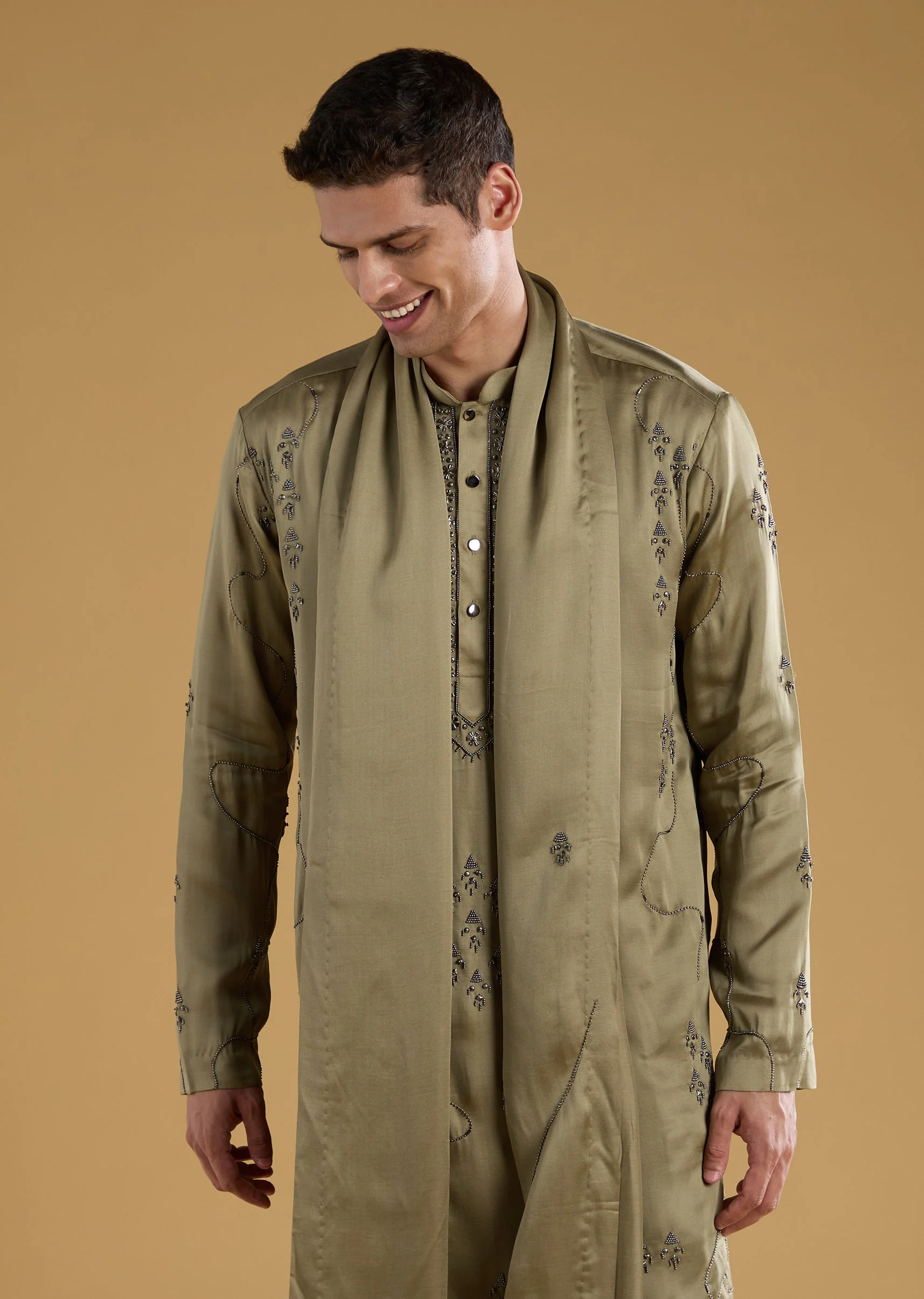 Green Linen Blend Silk Embroidered Mens Kurta Set with Dupatta - Image 2