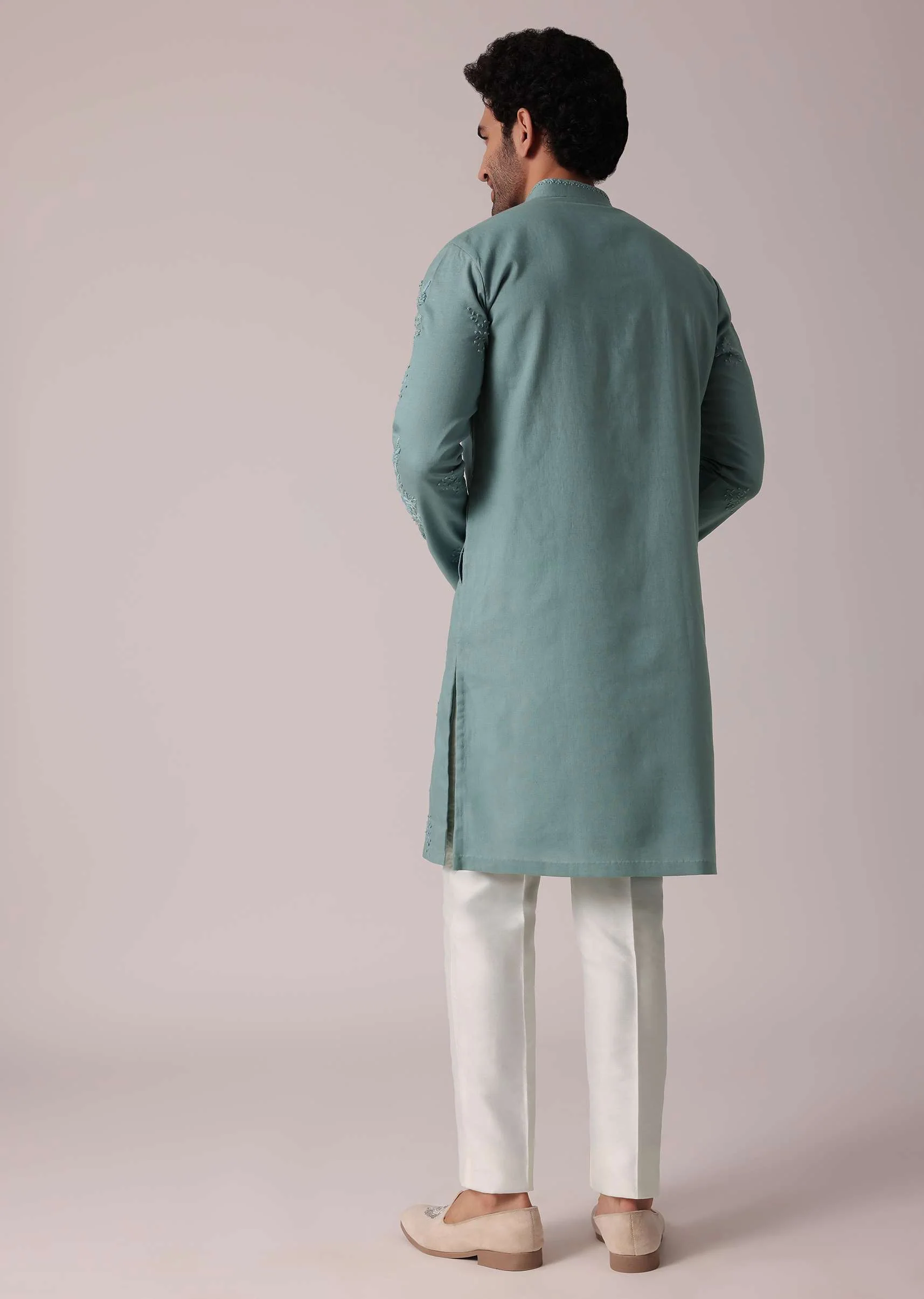 Green Linen Kurta Set For Festive - Image 5