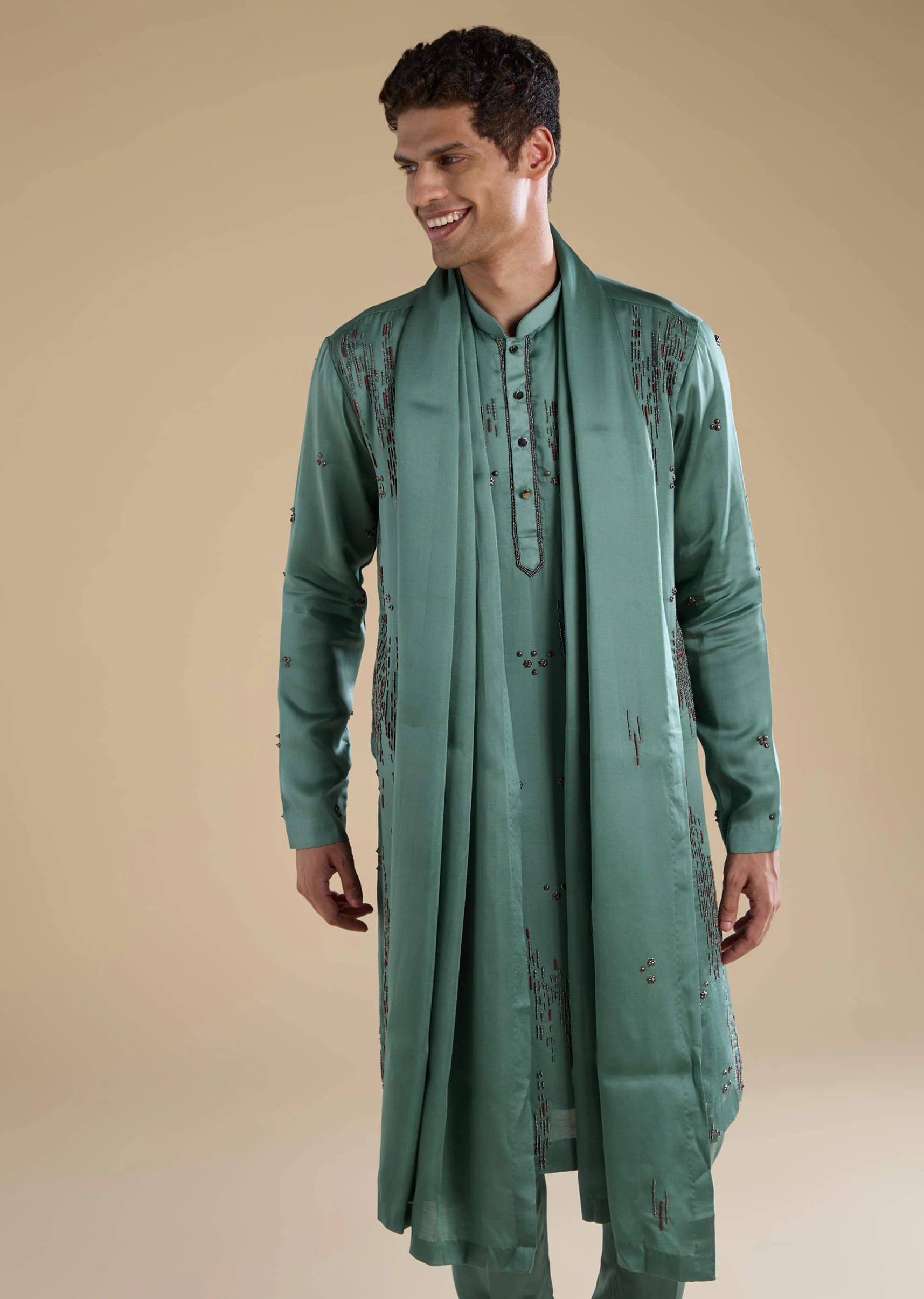 Green Linen Mens Kurta Set with Dupatta - Image 2